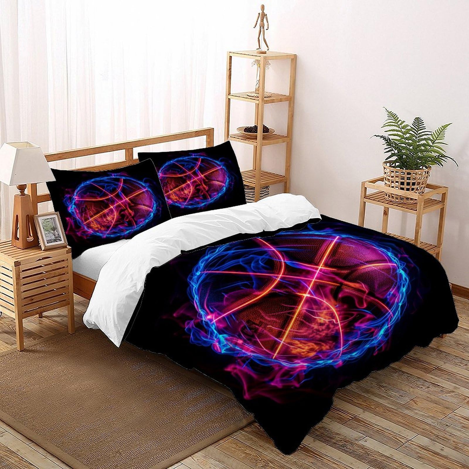 Housse de couette basketball zippée anti-plis pour lit double 200x200 cm