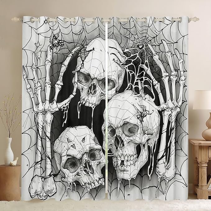 Feelyou Halloween Themed Curtains for Bedroom Living Room (2 Panels, 42 x 90 Inch) Kids Sugar Skull 30%-50% Blackout Curtains Boys Girls Spider Web Darkening Drapes Human Brain Bones Window Treatments