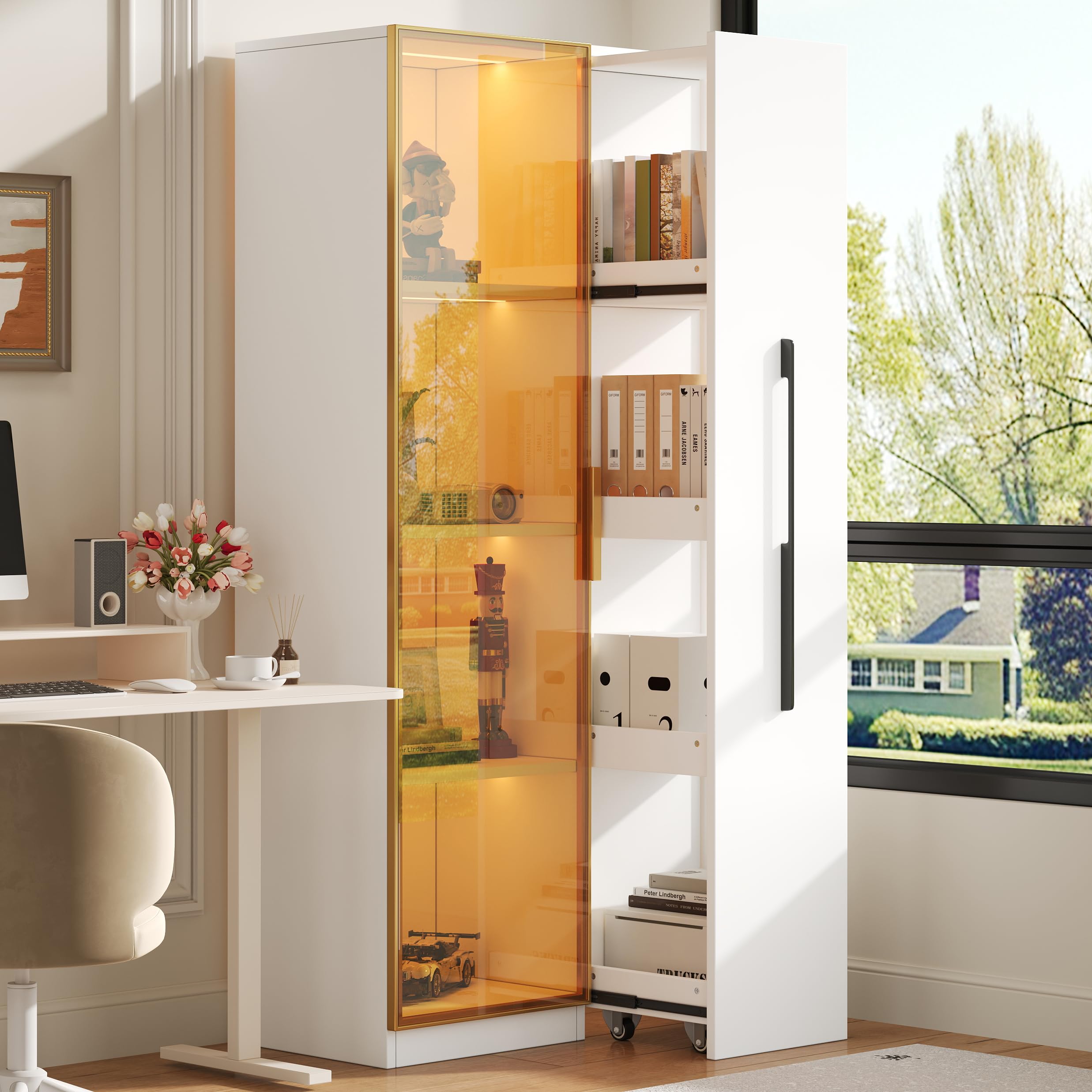 Vetrina di 70×40×160 cm con ante in vetro, cassetti laterali e illuminazione a LED integrata. Un mobile elegante e versatile, cantinetta per vini, libreria o mobile da sala da pranzo.