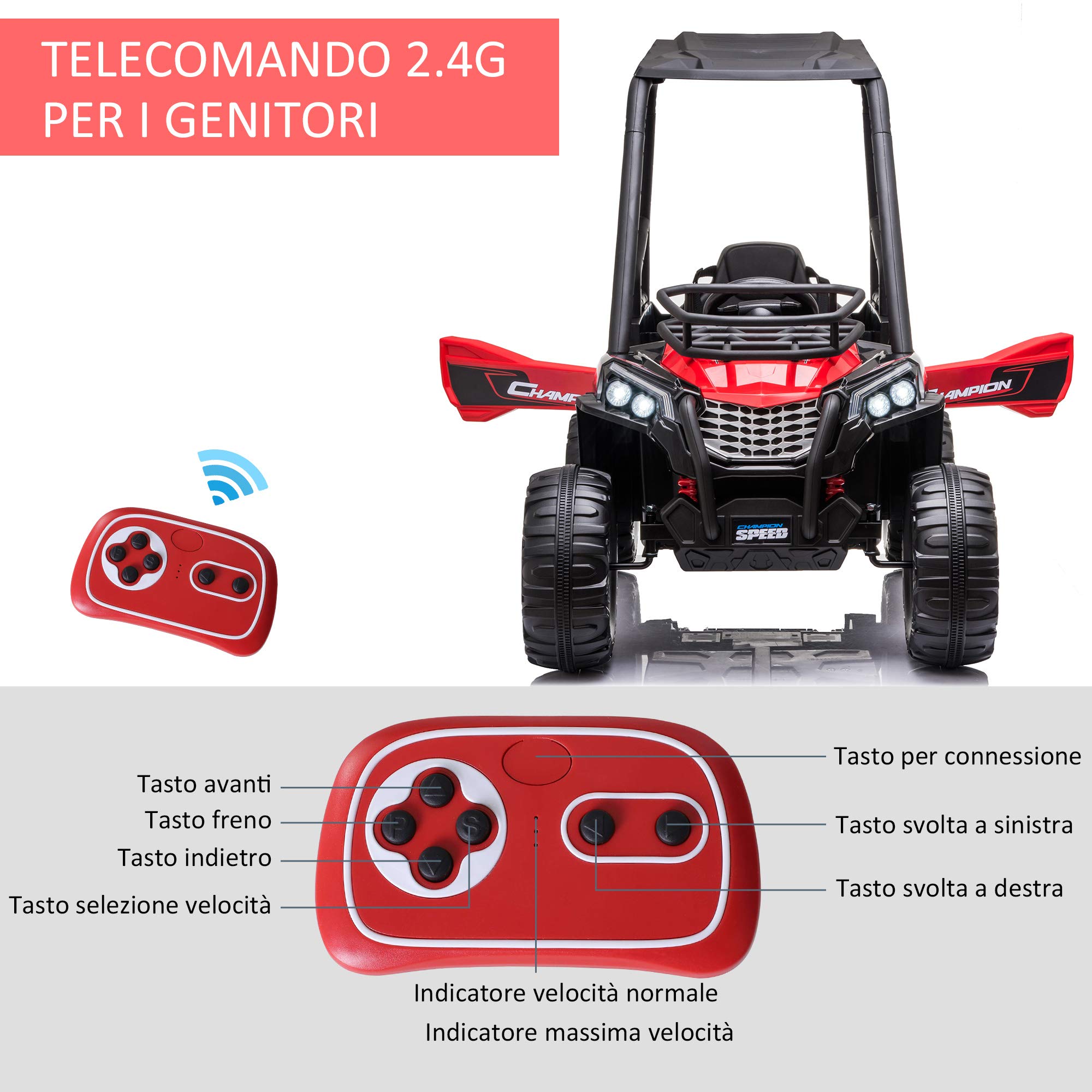 HOMCOM Macchina Elettrica per Bambini 12V Quad 118x76x104cm Rosso e Nero | Velocità 3-6km/h, Quad Elettrico Mini con Doppio Motori, USB, Lettore MP3 e Telecomando