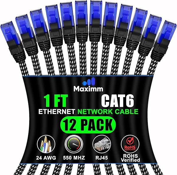 Maximm Cat 6 1ft Ethernet Cable, Braided Network Cable Cat6 with RJ45 connectors, Gigabit LAN Cable 1000 Mbps High-Speed Internet, Black (12 Packs)