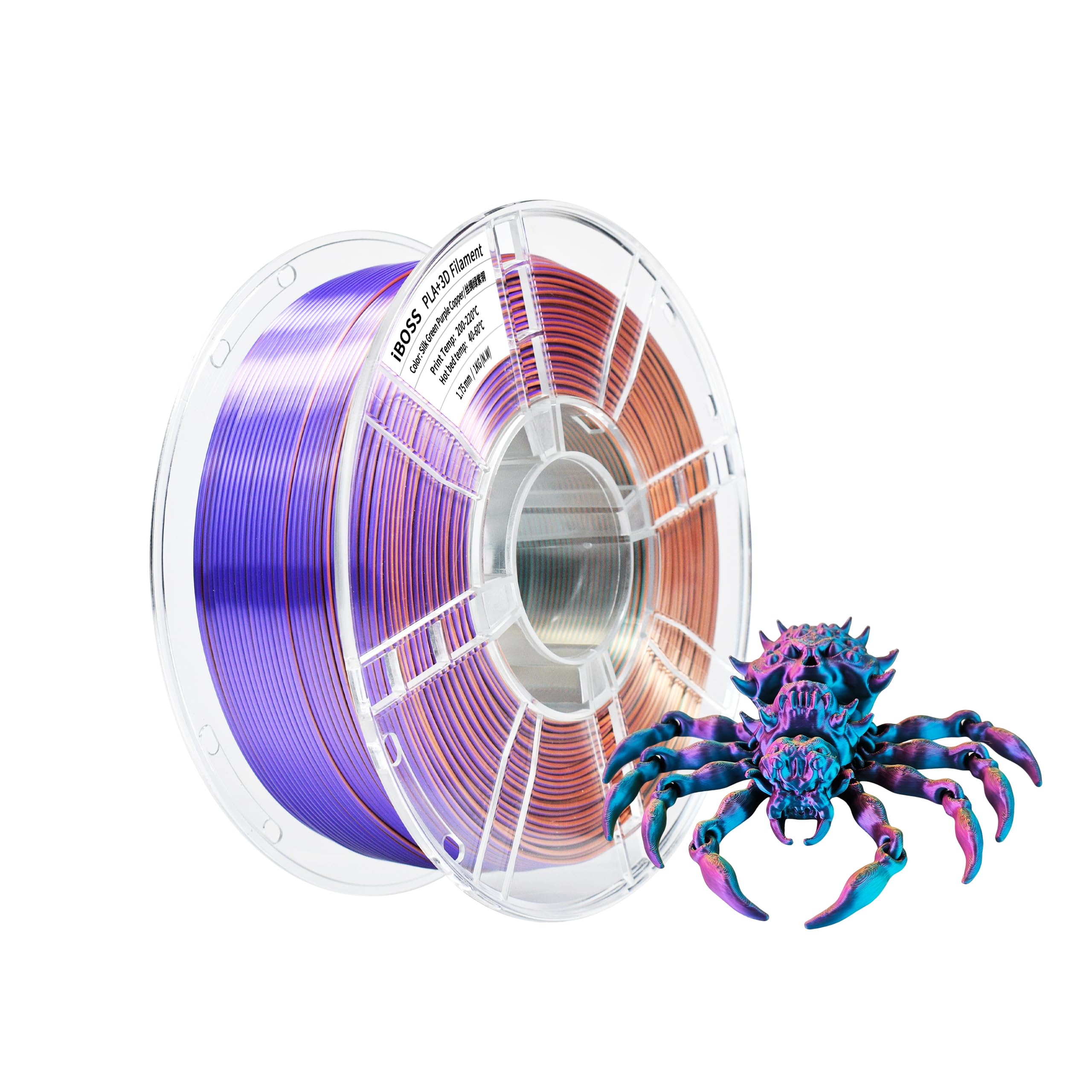 iBOSS - Silk Thread Tri-Color PLA+ Filament 1.75mm, Silky Luster, High Tenacity, FDM 3D Printer Filament, Dimensional Accuracy +/- 0.03mm, 1kg Spool (2.2LBS), Copper Purple Green Silk