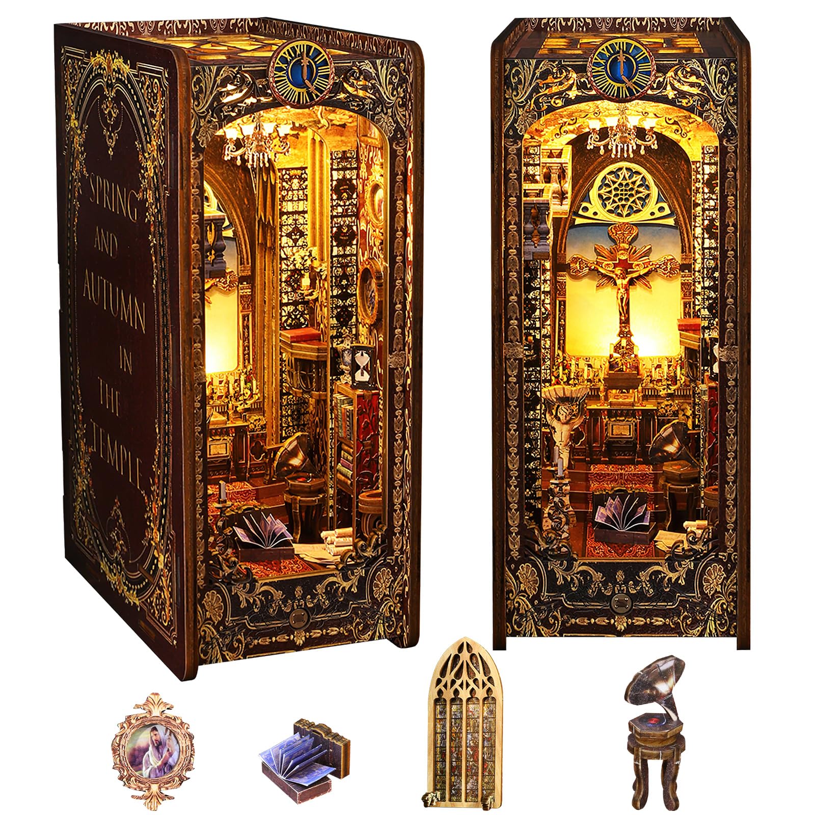 Spobot Book Nook Kit DIY Bookshelf Decor Kit with LED Light 3D Booknook Wooden Puzzle Bookend Stand Miniature Dollhouse Kit Gifts for Adults (Covenant