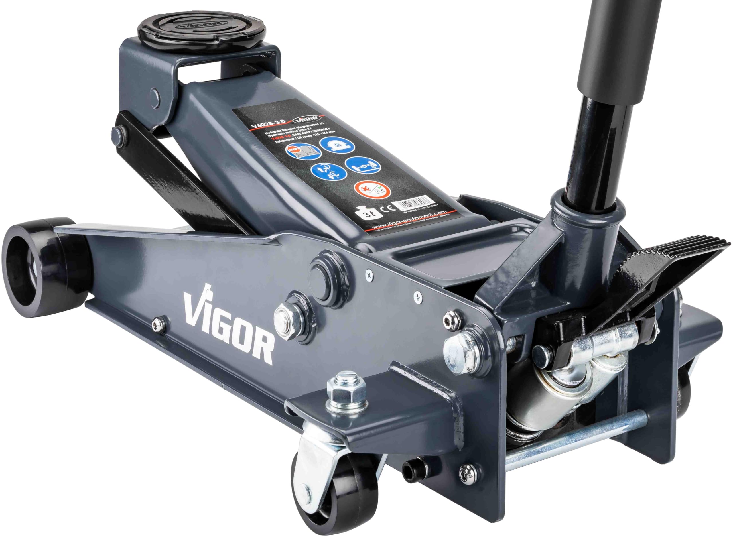 VIGOR Hydraulik Rangier-Wagenheber, 3 Tonnen, V6028-3.0 | 30700 g, Leistungsstark für SUV, Transporter und schwere Pkw, Fußpedal ermöglicht rasches Ansetzen an der Wagenheber-Aufnahme