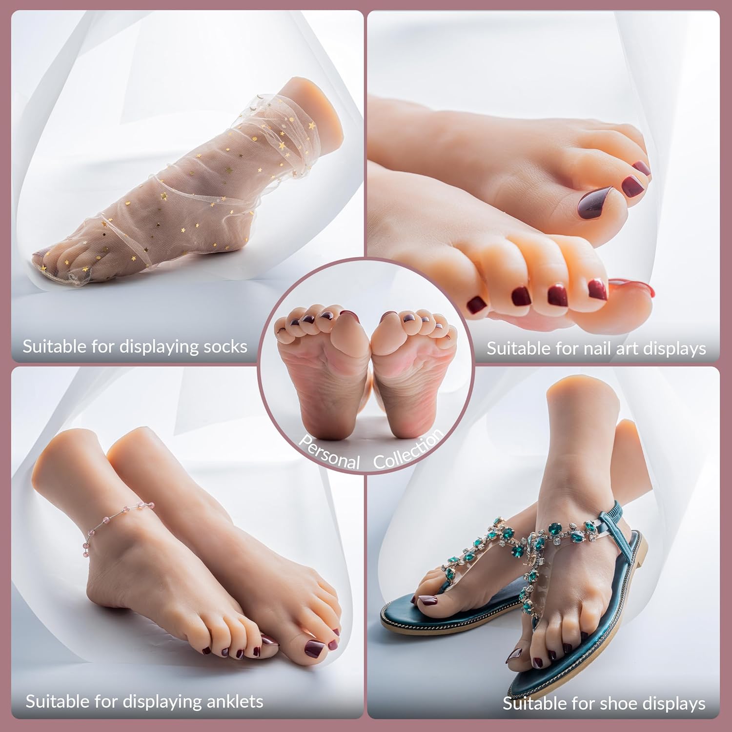 2-Pack Silicone Foot Models for Nail Practice, Life-Size Flexible Mannequin Feet for Tattoo Training and Shoe Display