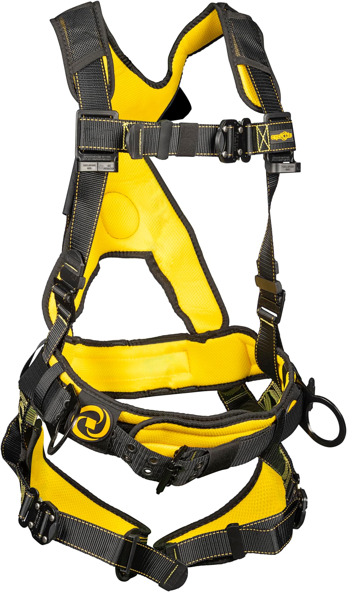 Guardian 21033 Cyclone Construction Harness with Waist Pad | Side D-Rings | Quick Connect Leg | OSHA & ANSI Compliant | Black/Yellow | Small