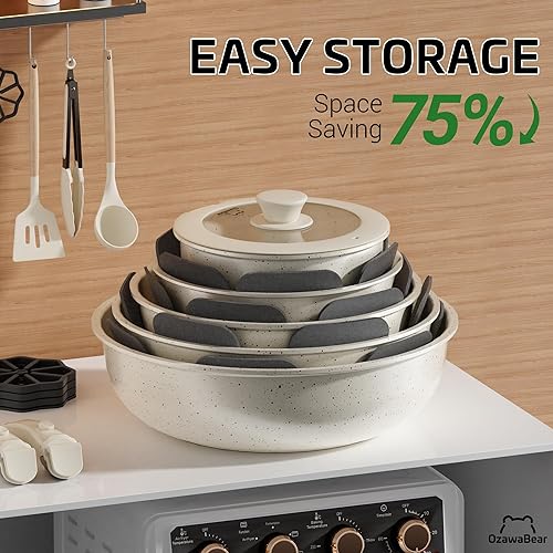 Miniatura 4 de Juego de 23 ollas y sartenes antiadherentes, juego de utensilios de cocina de cerámica no tóxicos con asas desmontables, utensilios de cocina de