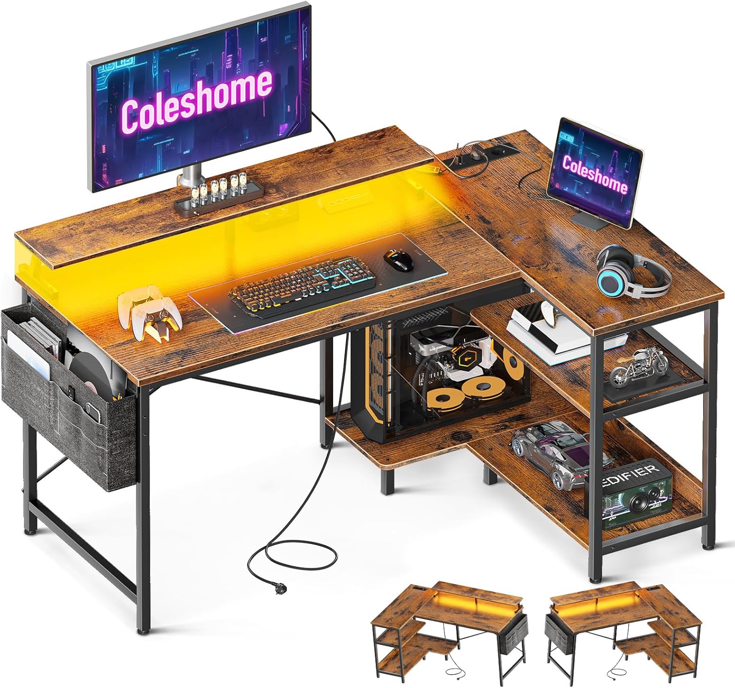 Assembled Coleshome L-shaped gaming desk with LED lighting and accessories