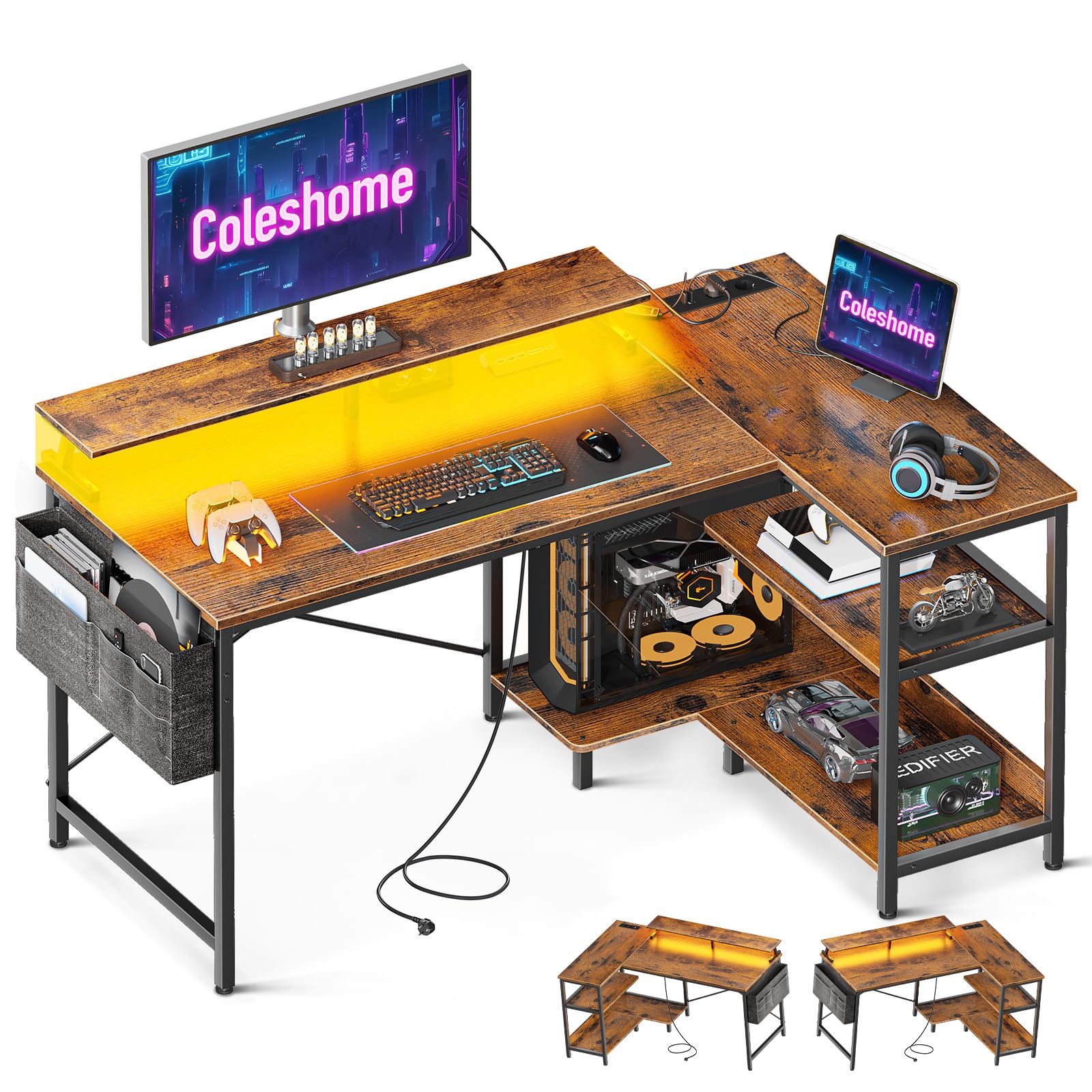 Coleshome Gaming Desk with LED, 120 x 80 cm Corner Desk with Reversible Shelves, L-Shaped Gaming Table with Power Outlets and USB Gaming Table with Support Monitor Gamer Home Office, Brown