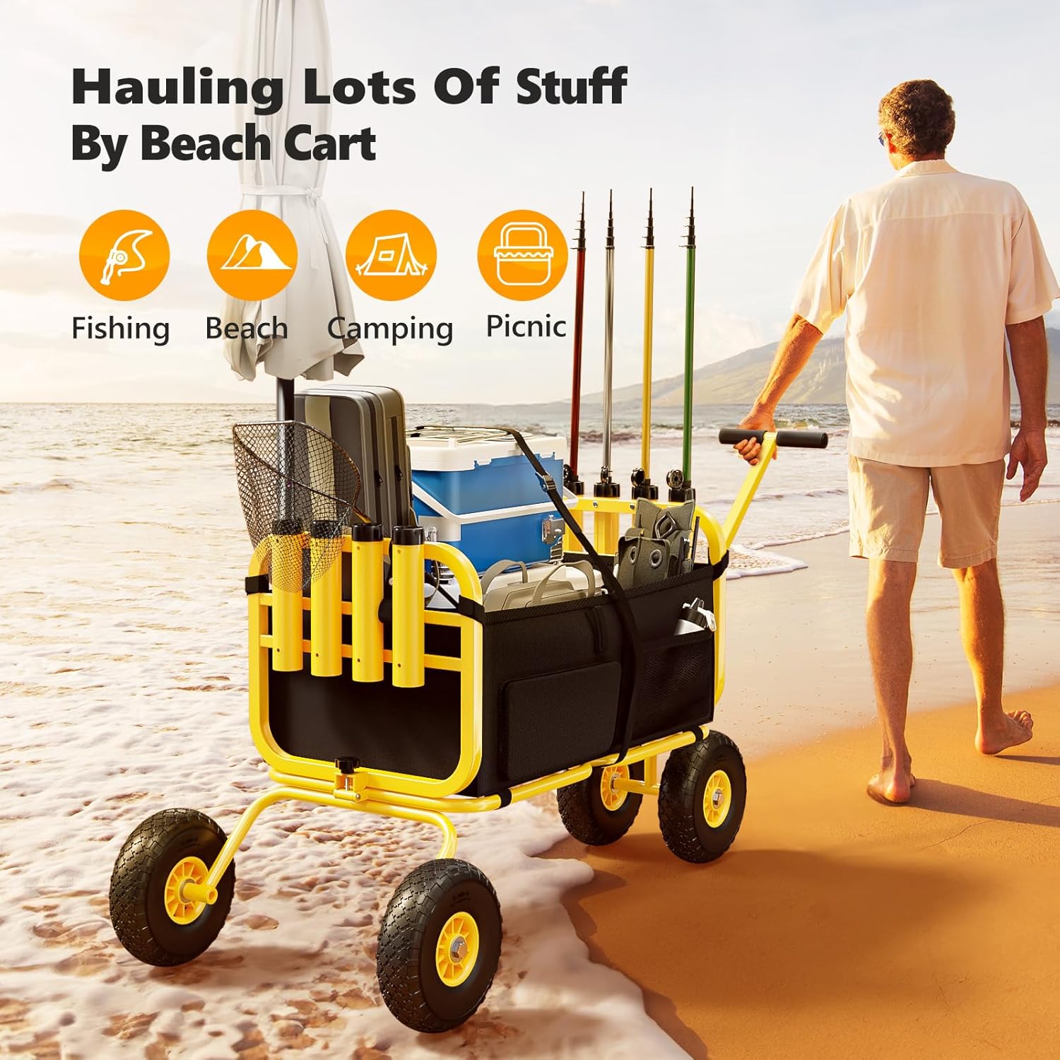Bonnlo Beach Fishing Cart, Beach Wagon Trolley with 12 Big Balloon Wheels for Sand Foldable Beach Trailer with 23 x 15 Cargo Deck, Fishing Rods Holder, Water Bottle Holder, Mesh Bag, Hand Pump