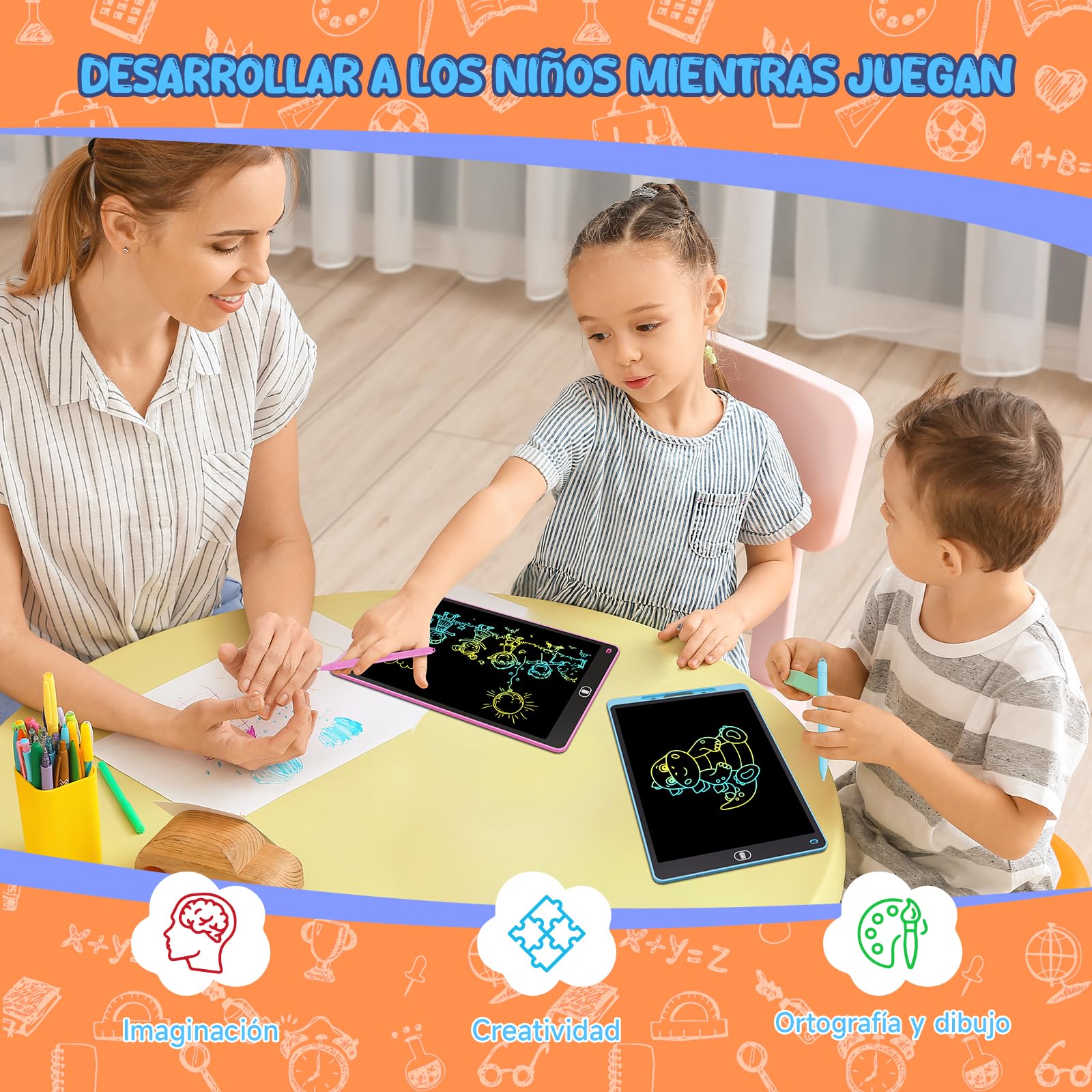 12 Pulgadas 2 Packs Tableta Escritura LCD Color, Electight Tablet Escritura Pantalla Colorido Infantil, Juguetes Educativo Niños con Borrable y Bloqueo Función, para el Hogar, Rosa+Azul — view 4