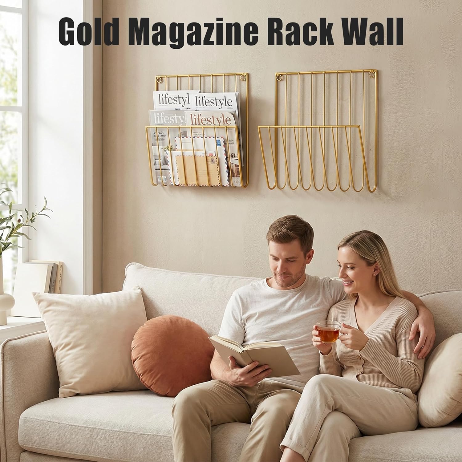 2-Pack Wall Magazine Holder File Organizer Mental , Wall Mounted Magazine Rack for Space-Saving, Walls Magazine Holder for Mail, Bathroom & Home Office Organizer, Office Living Room(Gold)