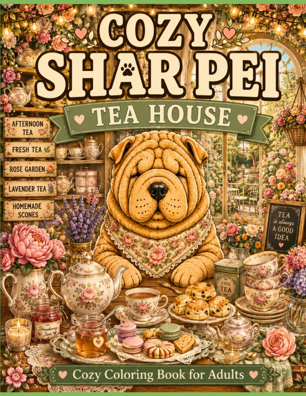 Cozy Shar Pei Tea House: A Cozy Coloring Book for Adults Featuring Tea Parties, Rose Gardens, Floral Tea Rooms, Porcela (Cozy Shar Pei Coloring Book Series)
