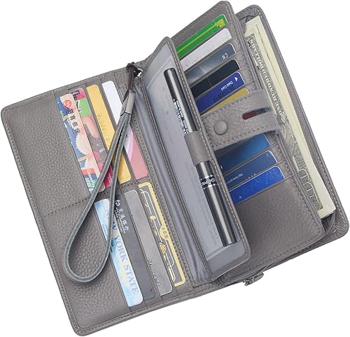 Miniatura 2 de Cartera de piel Bveyzi para mujer, grande, con bolsillo con cremallera para sostener teléfono y chequera, Gris, Cartera Rfid