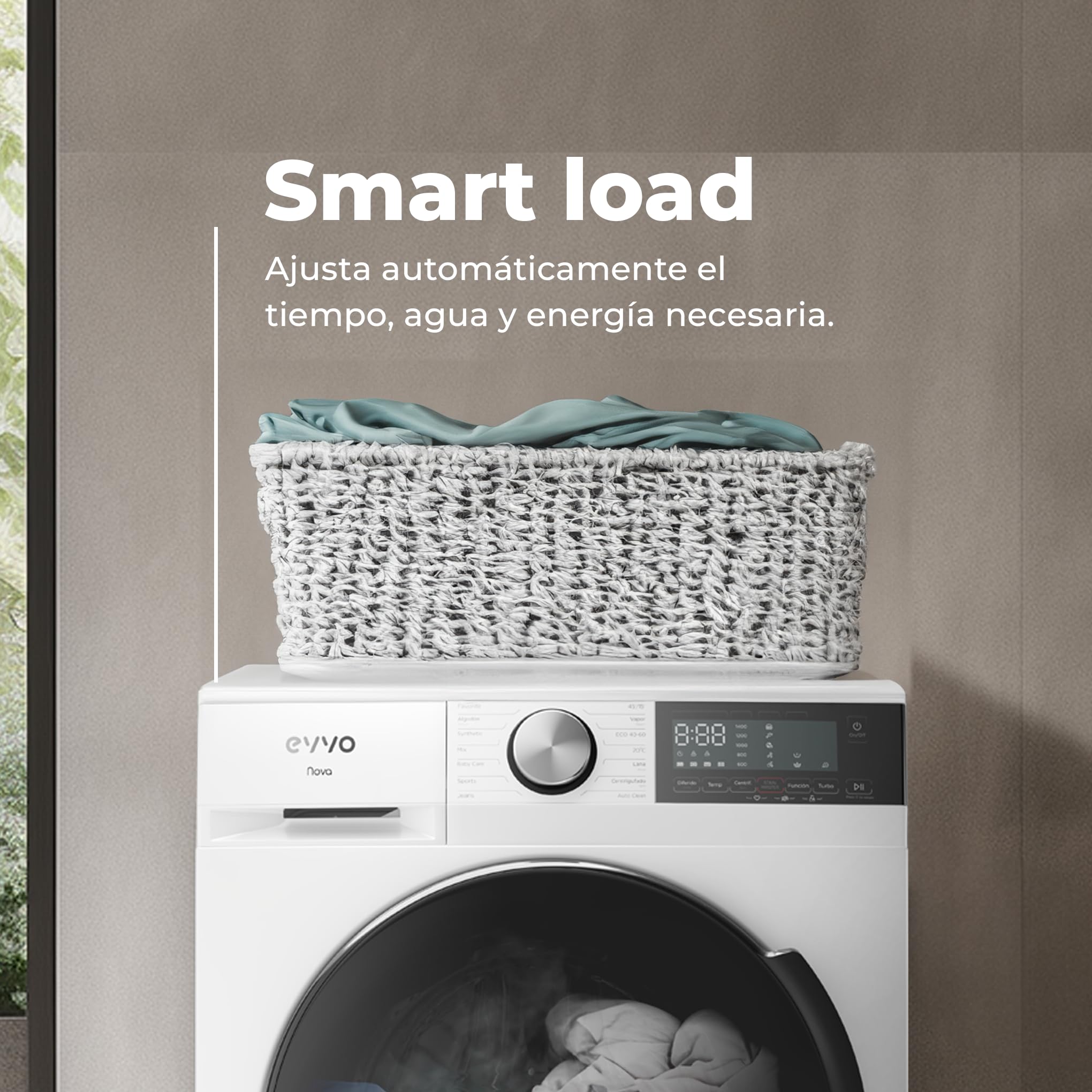 EVVO Lavadora 8kg, Vapor, Bajo consumo, Clase A, Motor Inverter, Hygiene Pro, Lavado Rápido 15', Tambor ePROTECT, SMART LOAD, 1400 rpm, 13 programas, Carga frontal, Nova (8Kg, Inox)