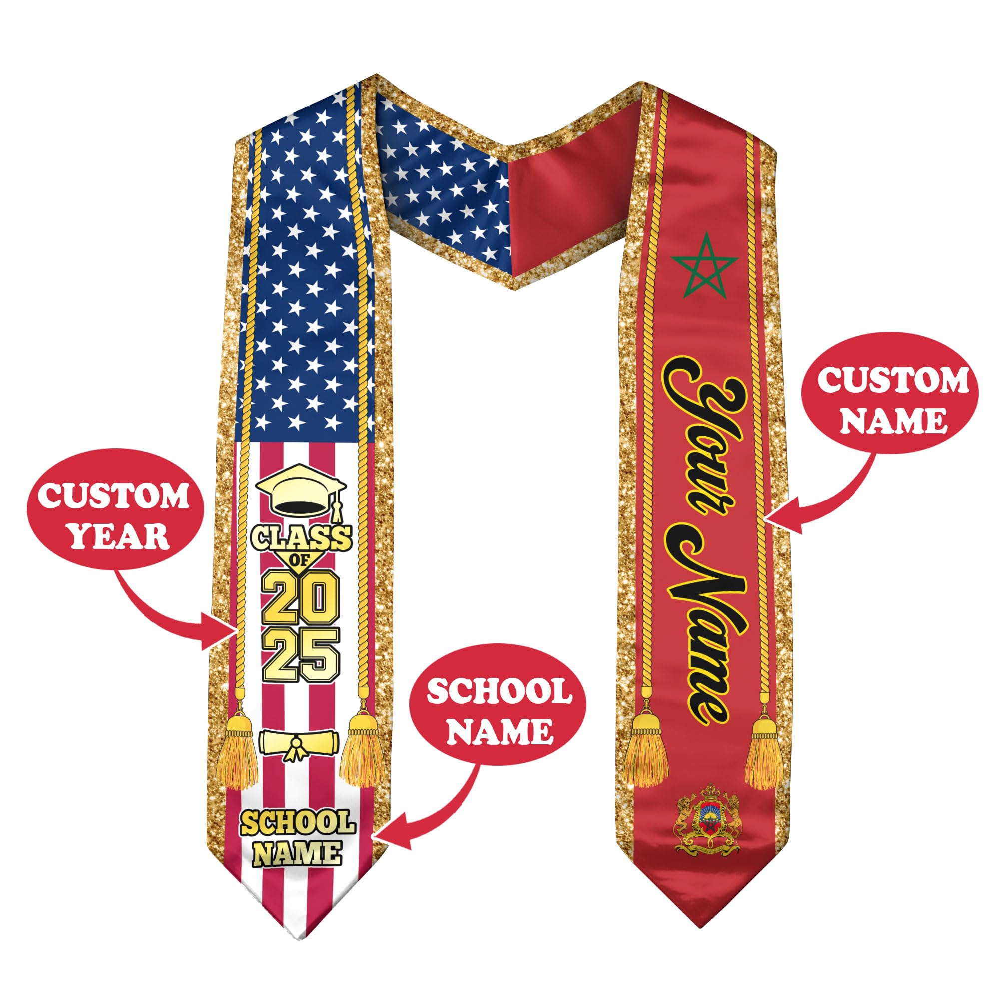 Moroccans Graduation Sash, Custom Moroccans American Flag Graduation Sash 2025, Morocco Graduation Stole 1