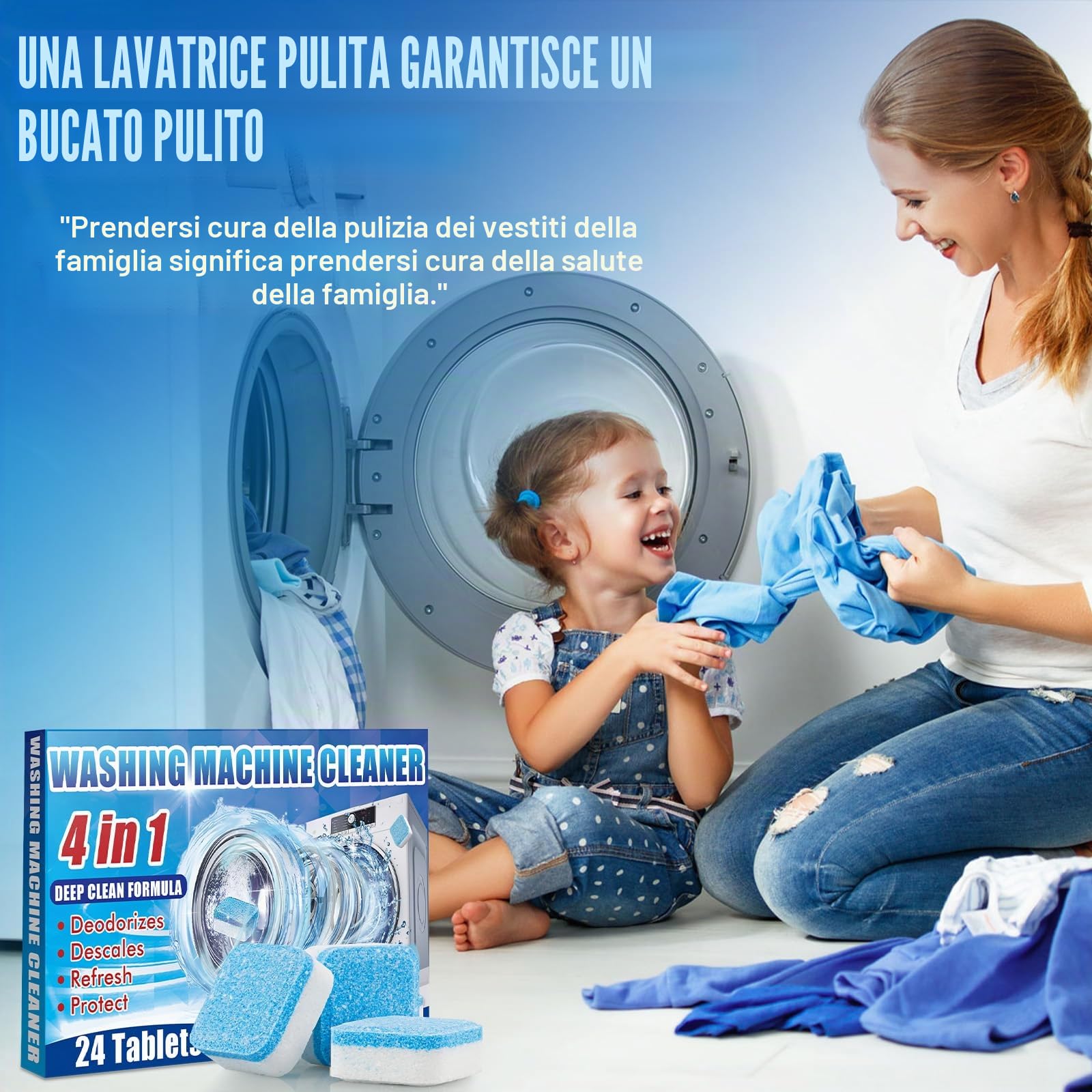 Detergente per lavatrice, Tabs Anti-limescale Washing Machine 1 Pack of 24 Tablets, adatto per lavatrice a carica frontale e superiore, rimuove odori, sporcizia e accumuli, sicuro per fosse settiche
