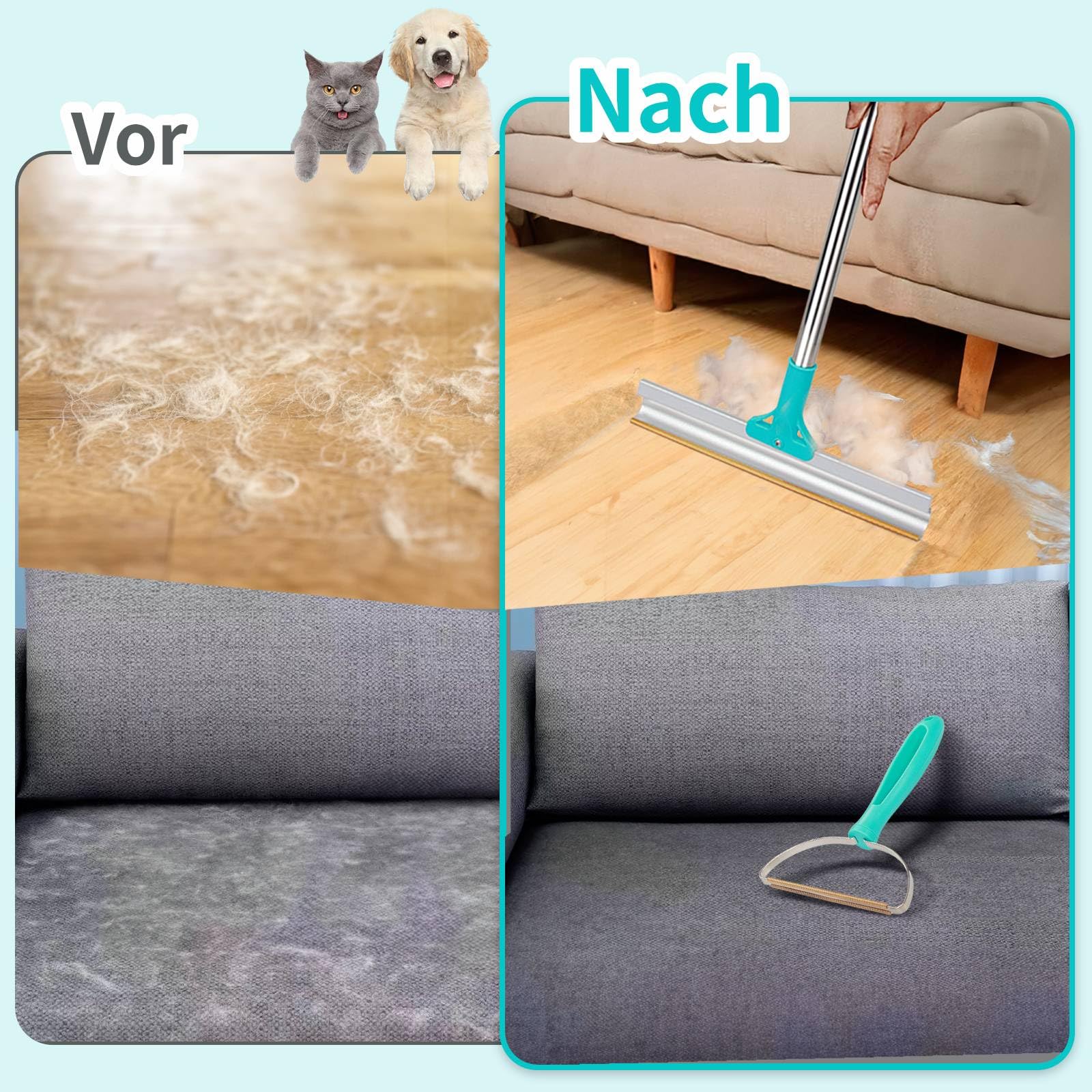 Tierhaarentferner, 2-in-1-Haarentferner, Teppichbürste mit 137 cm Verstellbarem Griff zum Entfernen von Tierhaare aus Autos, Teppichen, Fußböden, Sofas und Kleidung (Blau)