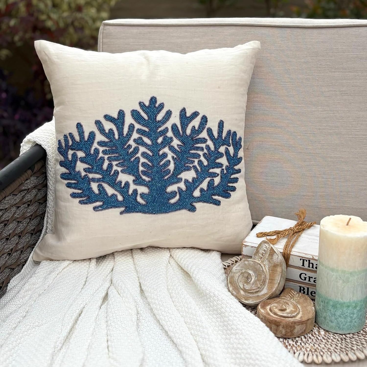 The HomeCentric Decorative Pillow Covers, Ivory Cushion Cover Couch 16x16 inch (40x40 cm) Linen Decorative Pillow Covers, Sea Creatures, Coral, Sea Weeds, Beaded, Beach - Blue Coral Treasure