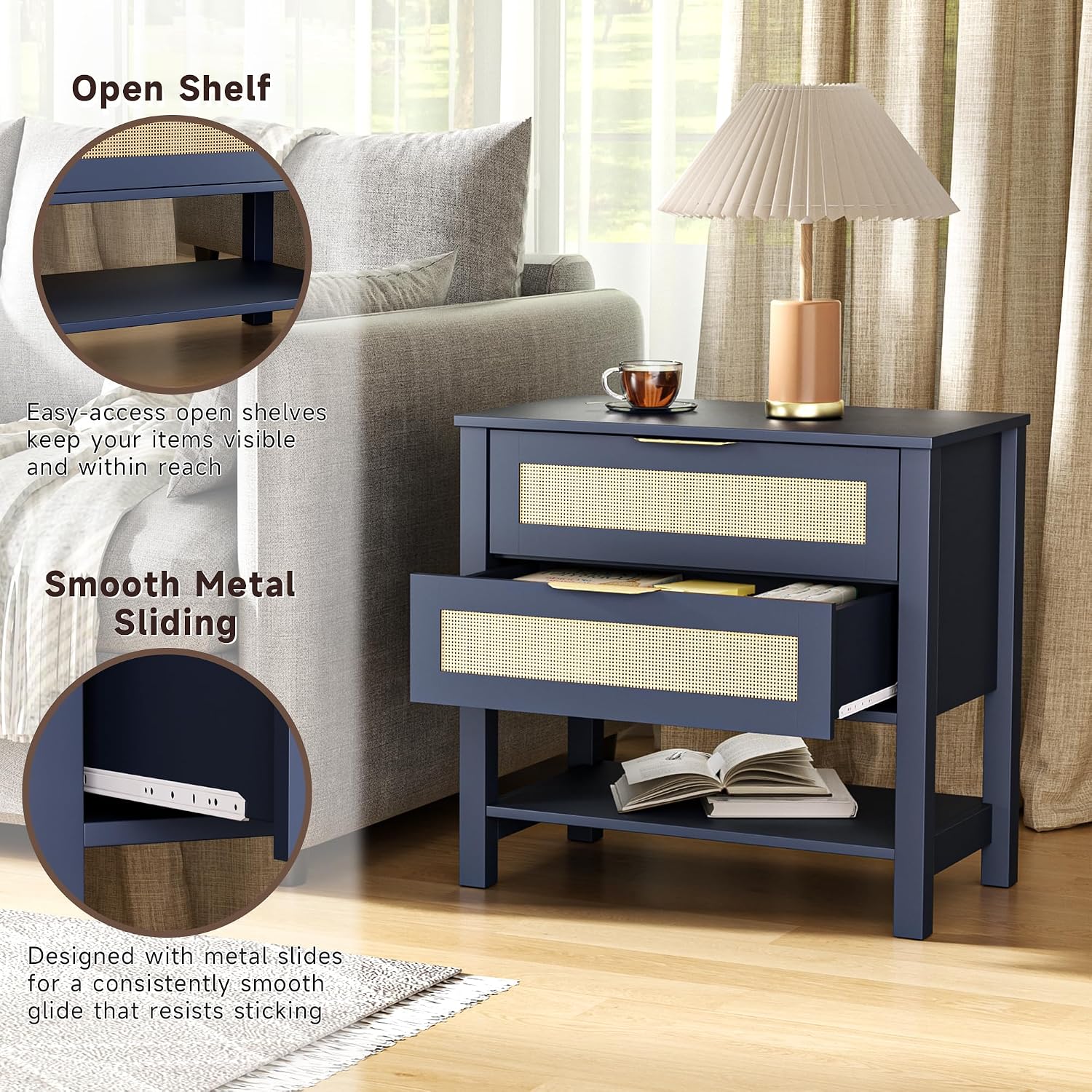 Boho Rattan Nightstand with 2 Drawers, Modern Large Bedside Tables, Wood End Table with Storage Shelf, Large Nightstand for Bedroom, Living Room, Entryway, Navy Blue