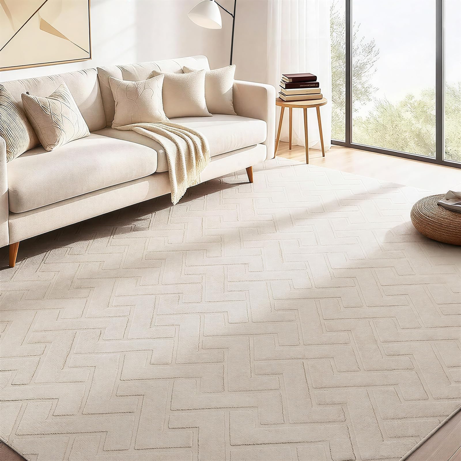 Famibay Rugs Living Room 200x290 cm Washable Rug Non Slip Fluffy Area Rugs Low Pile Soft Modern Bedroom Carpet Large Area Rug Geometric for Bedroom Dining Room Office Lounge Decor, Beige — image 1