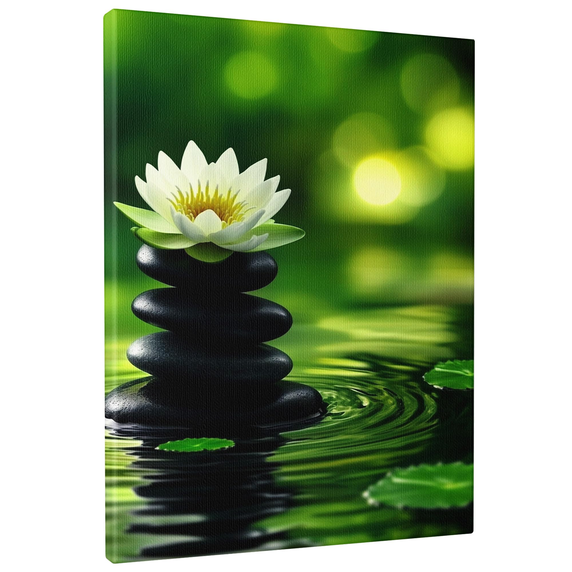 Zen Canvas Wall Art, Green and Black Spa Stones and White Water Lily Flower Decor, Modern Calm Aesthetic Decor for Bedroom, Spa Room, Meditation Area, Unframed 8x12 Inch