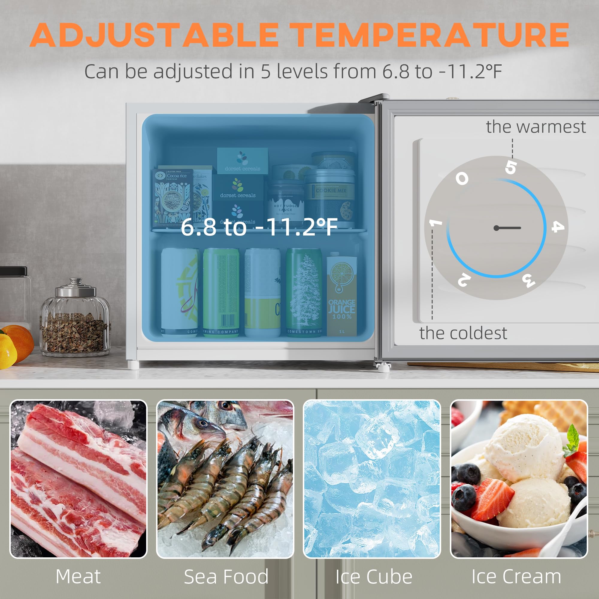 HOMCOM Mini Freezer Countertop, 1.1 Cu.Ft Compact Upright Freezer With Removable Shelves, Reversible Door For Home, Dorm, Apartment And Office, Gray on Fridge.com - View 3