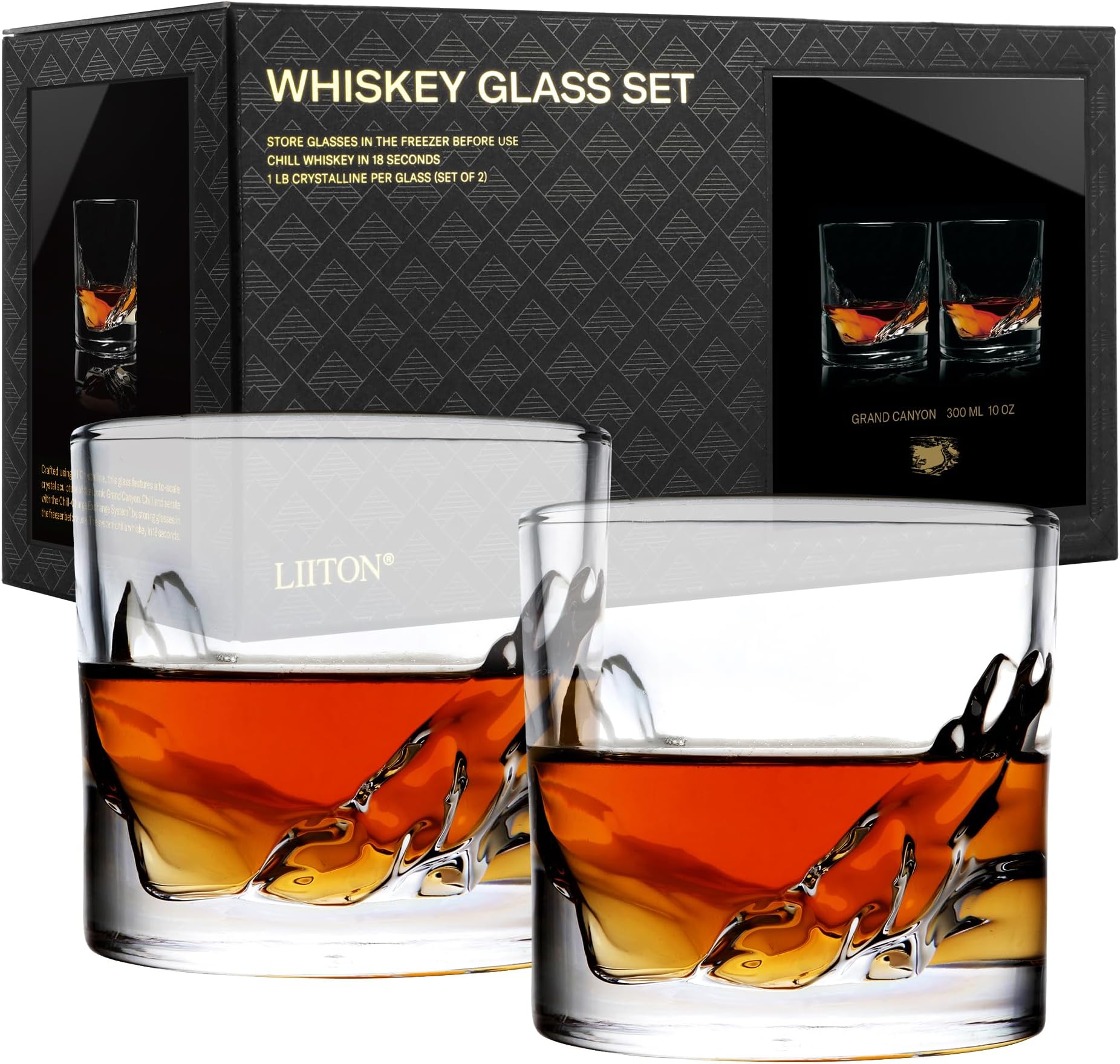 Grand Canyon Whiskey Glasses Set of 2, Freezable Old Fashioned Glass Chills Cocktails, Bourbon, Scotch with 1lb of Frozen Crystal, Gifts for Men on Fathers Day, Christmas, Birthday