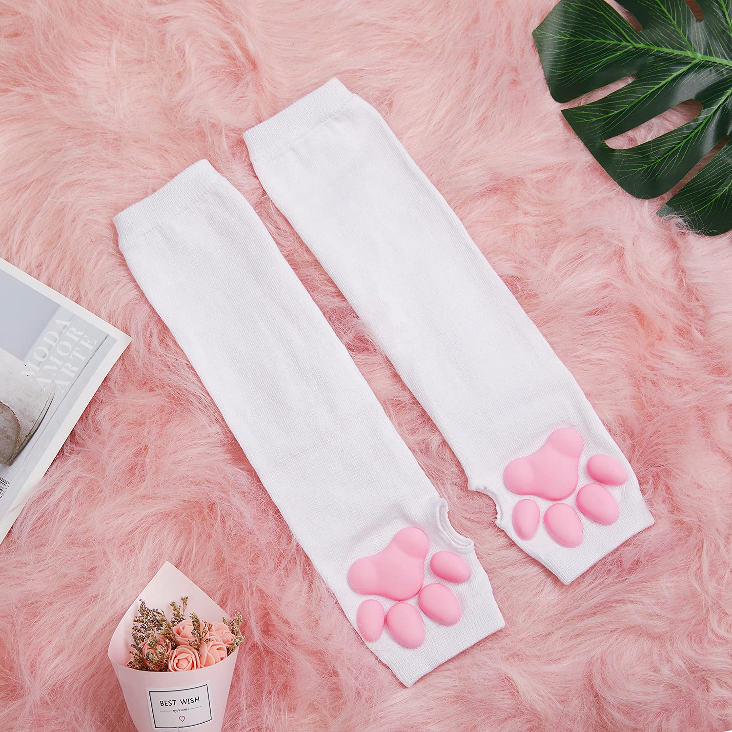 Cat Paw Thigh High Socks Golves, Cute Soft 3D Toe Beans Socks Mittens Kitten Claw Pad Socks for Girl Women Cosplay Set…: 2pcs White Mask