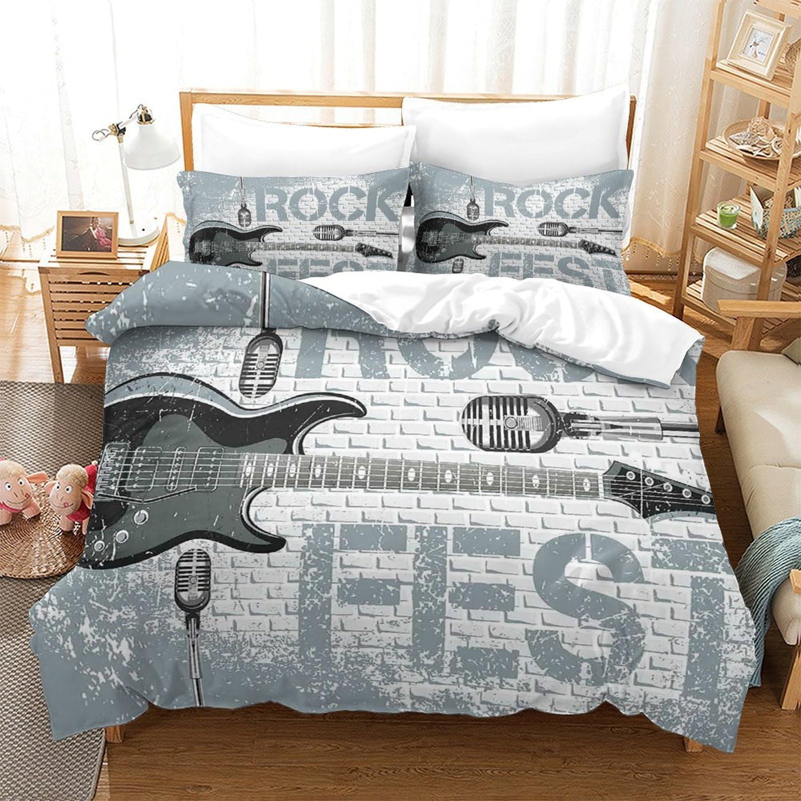 musica rock per chitarra 3D Stampa Coperta Letto 3pz Microfibra Facile Cura manifesto d'epoca Coperteletto 2 federe Zip nascosta Coppie Famiglia Super king（260x220cm）