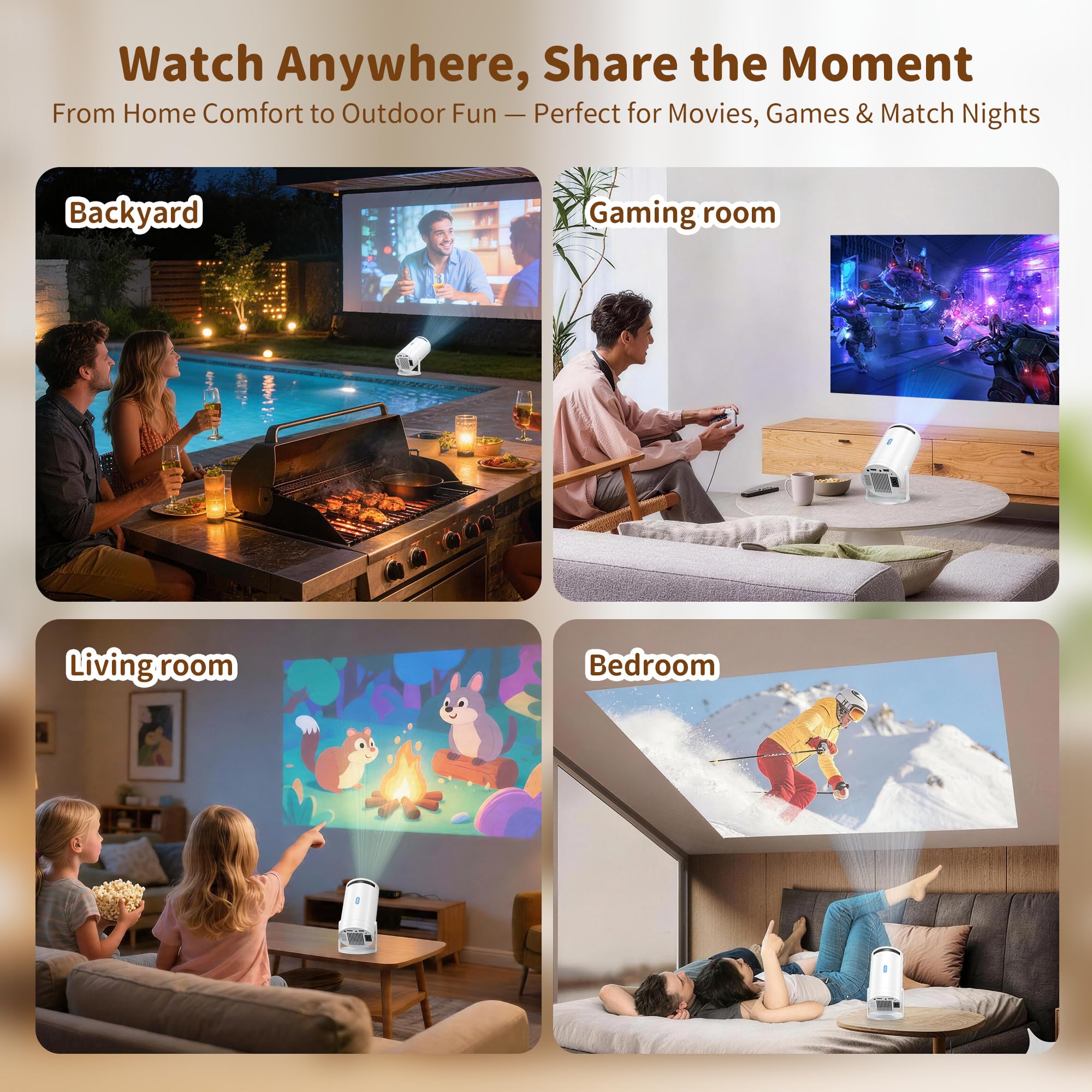Mini proiettore, proiettore portatile nativo 1080P con custodia per il trasporto, supporto 4K, proiettore per film all'aperto girevole a 270°, proiettore home theater compatibile con telefono/TV Stick