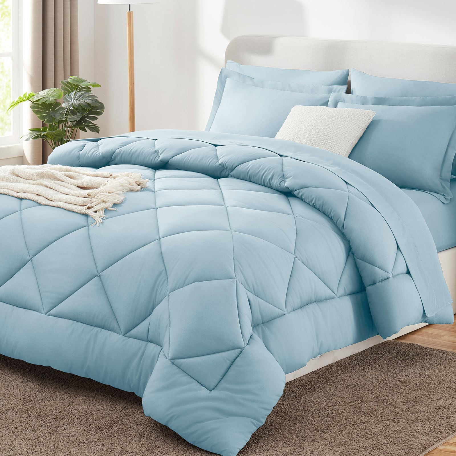 CozyLux Full Comforter Set 82"x86" Light Blue - 7 Piece Bed in a Bag