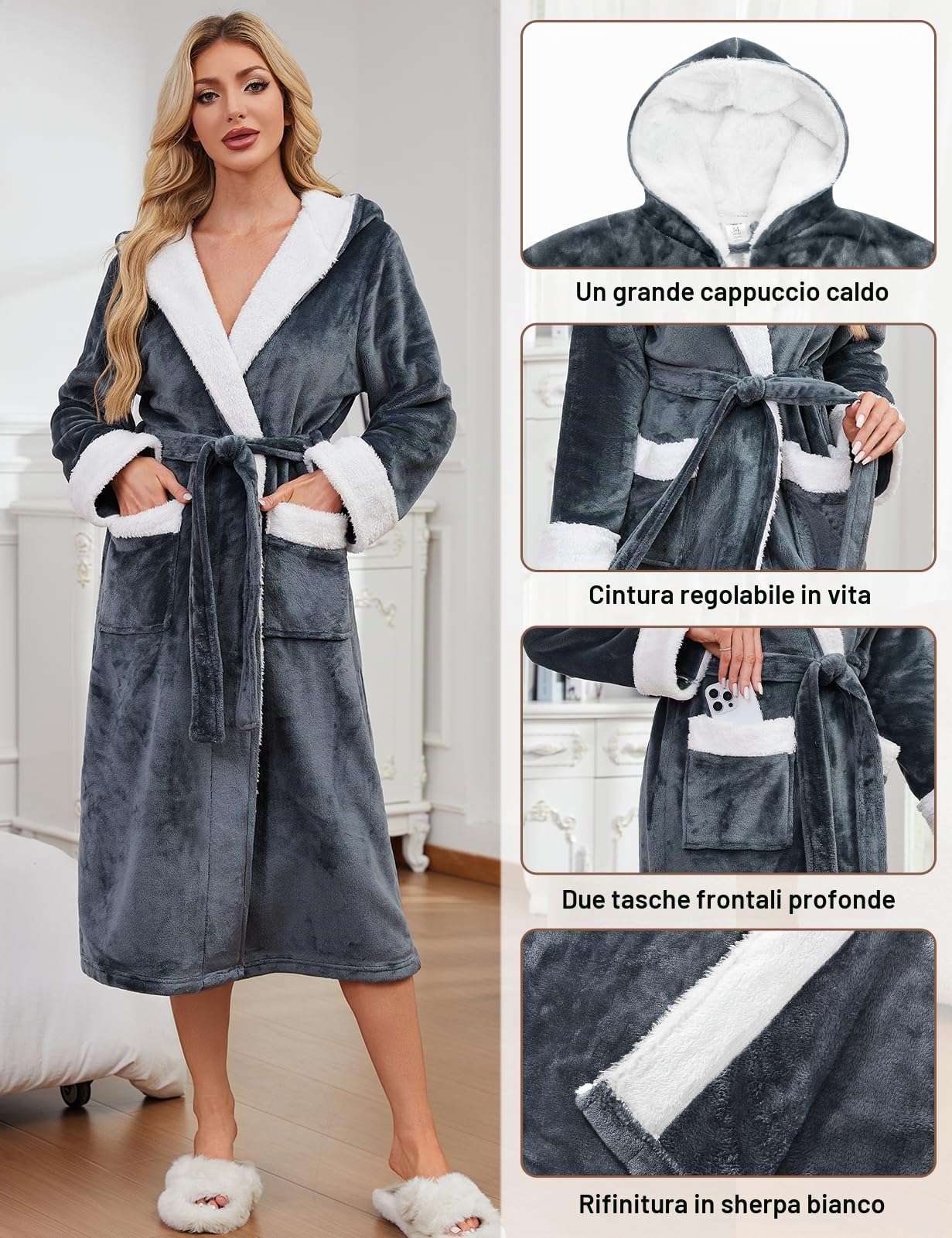 Yuson Gril Accappatoio Lungo Donna Vestaglia Casa in Pile con Cintura Cappuccio Accappatoio da Donna Vestaglia Calda Flanella Invernale per Casa Spa Hotel
