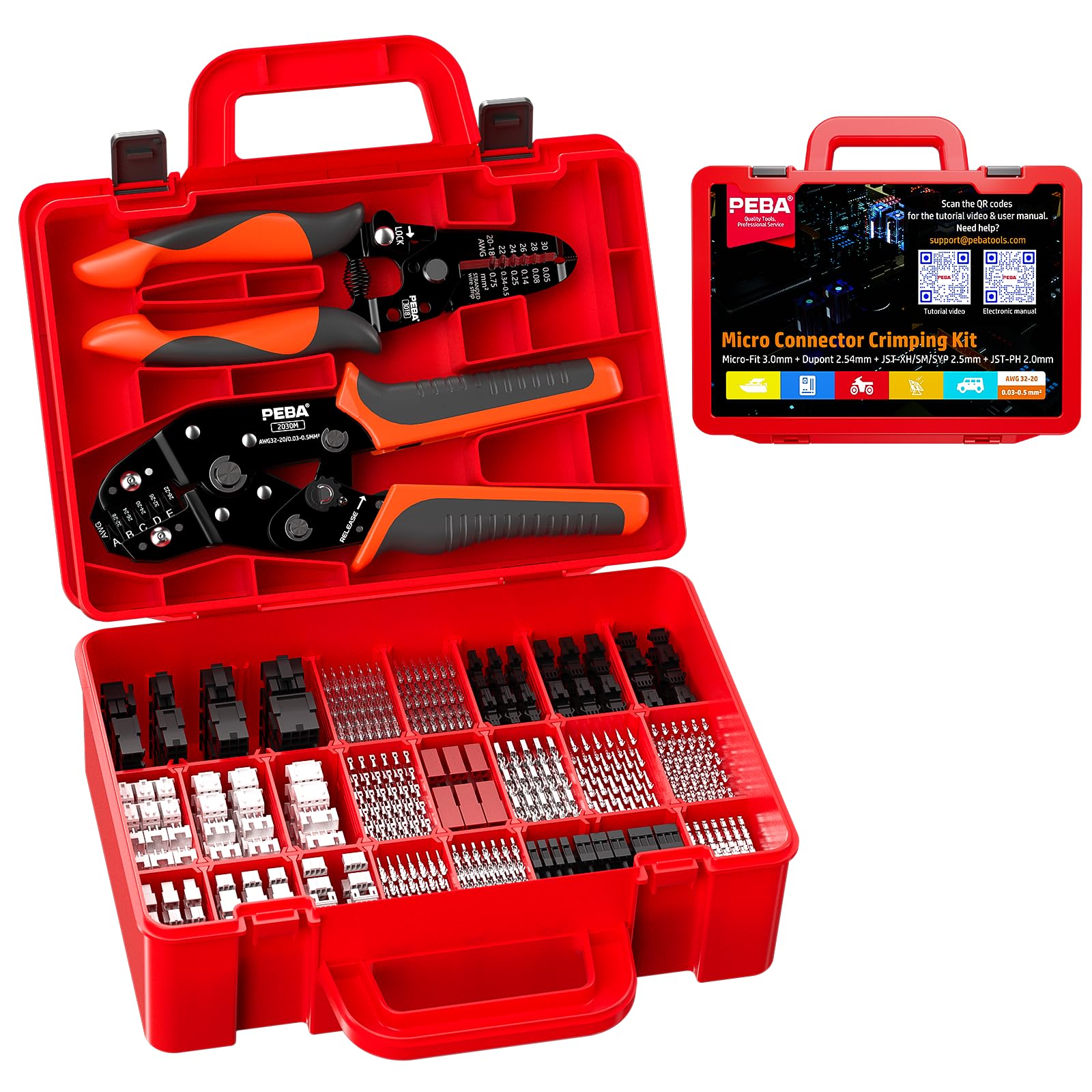 PEBA Micro-Fit 3.0 JST PH/XH/SM/SYP Dupont Crimp Kit with Tool 32–20 AWG