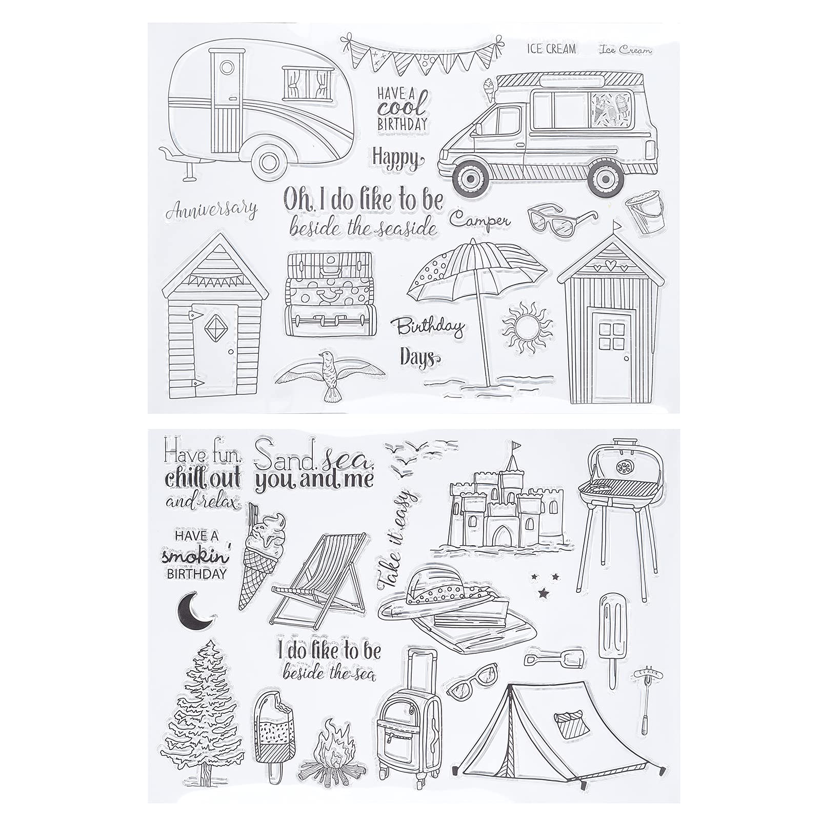 Clear Rubber Stamps 2PCS, Beach Vacation Stamps Seaside Stamp Transparent Craft Stamp Cartoon Touring Car Spending Holiday Series for Card Making