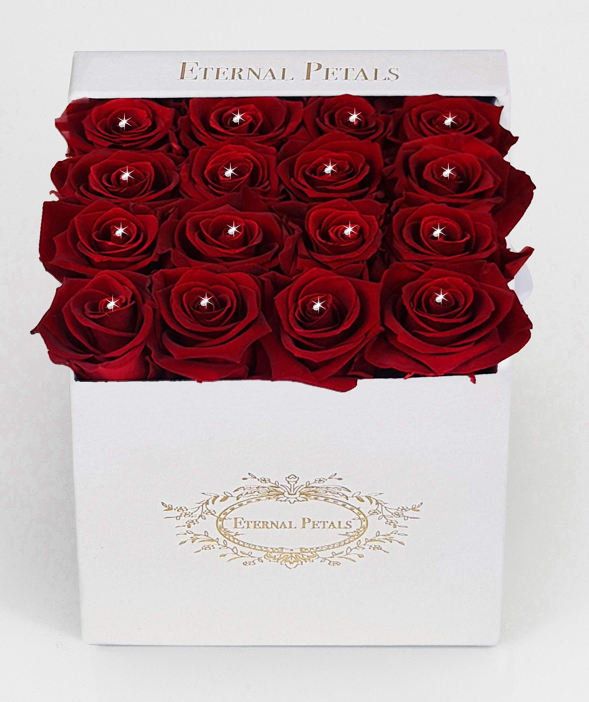 Real Roses That Last A Year - White Velvet Box with Swarovski Crystals (Deep Red)