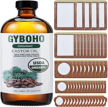 60Pcs Castor Oil Patches with 8oz Castor Oil Organic Cold Pressed | USDA Certified Organic Castor Oil,60Pcs Castor Oil Patches for Belly Button,Stomach, Back,Neck,Convenient Castor Oil Pack