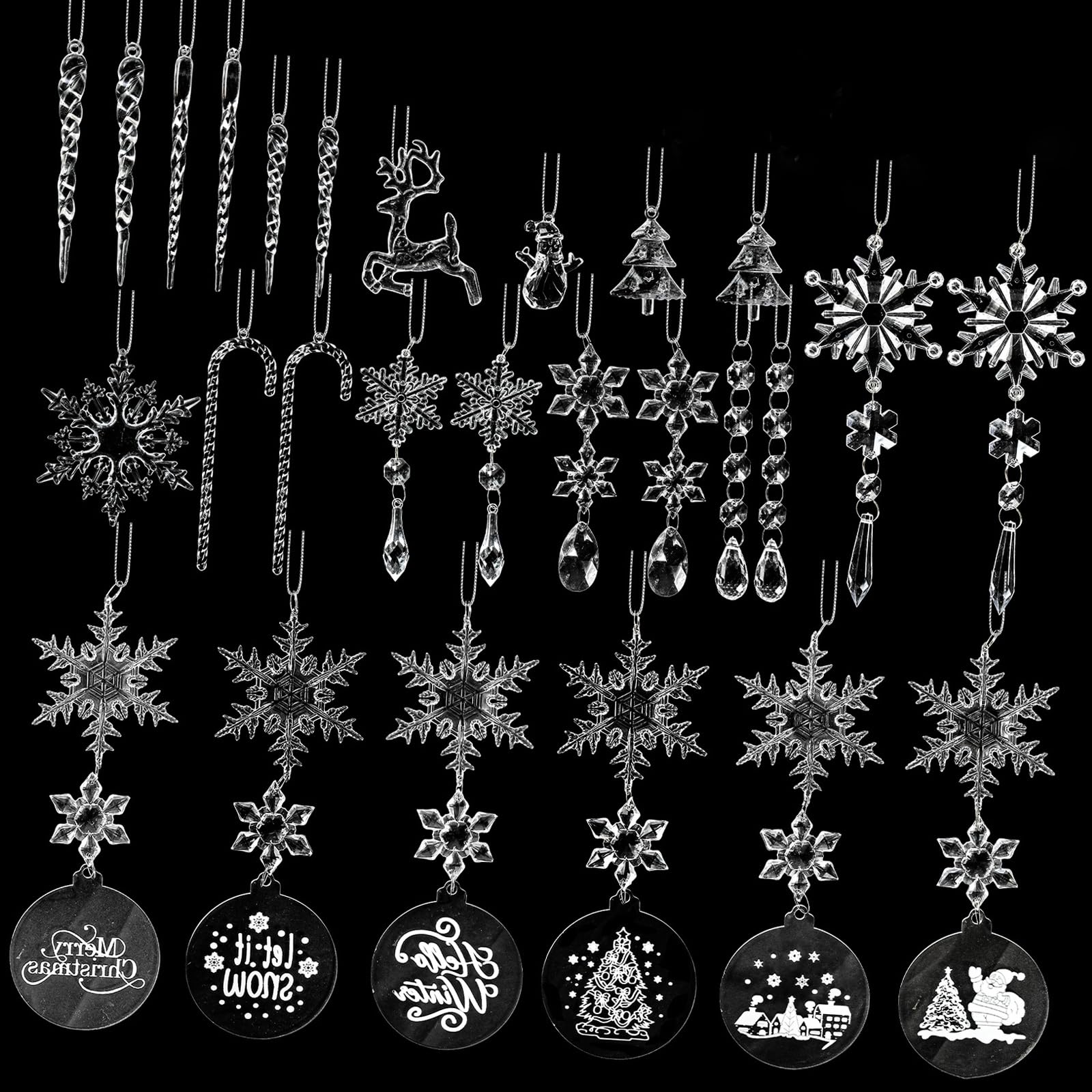 KAQNTUD Robust Snow and Christmas Ornament Set Made of Acrylic with 27 Shatterproof Hanging Decorations for Indoor Outdoor Use Snowflakes Icicles Christmas Packages