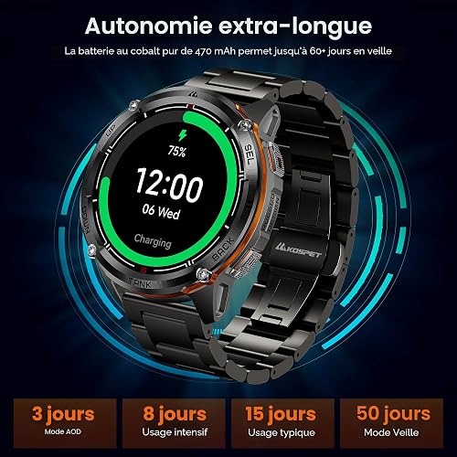 KOSPET Tank T3 Ultra 2 Men's Smartwatch, GPS, AMOLED Display 1.43", Working Time 18 Days, Water Resistance 5 ATM, Heart Rate Monitoring & SpO2, 170+ Fitness Mode (Black) - 8
