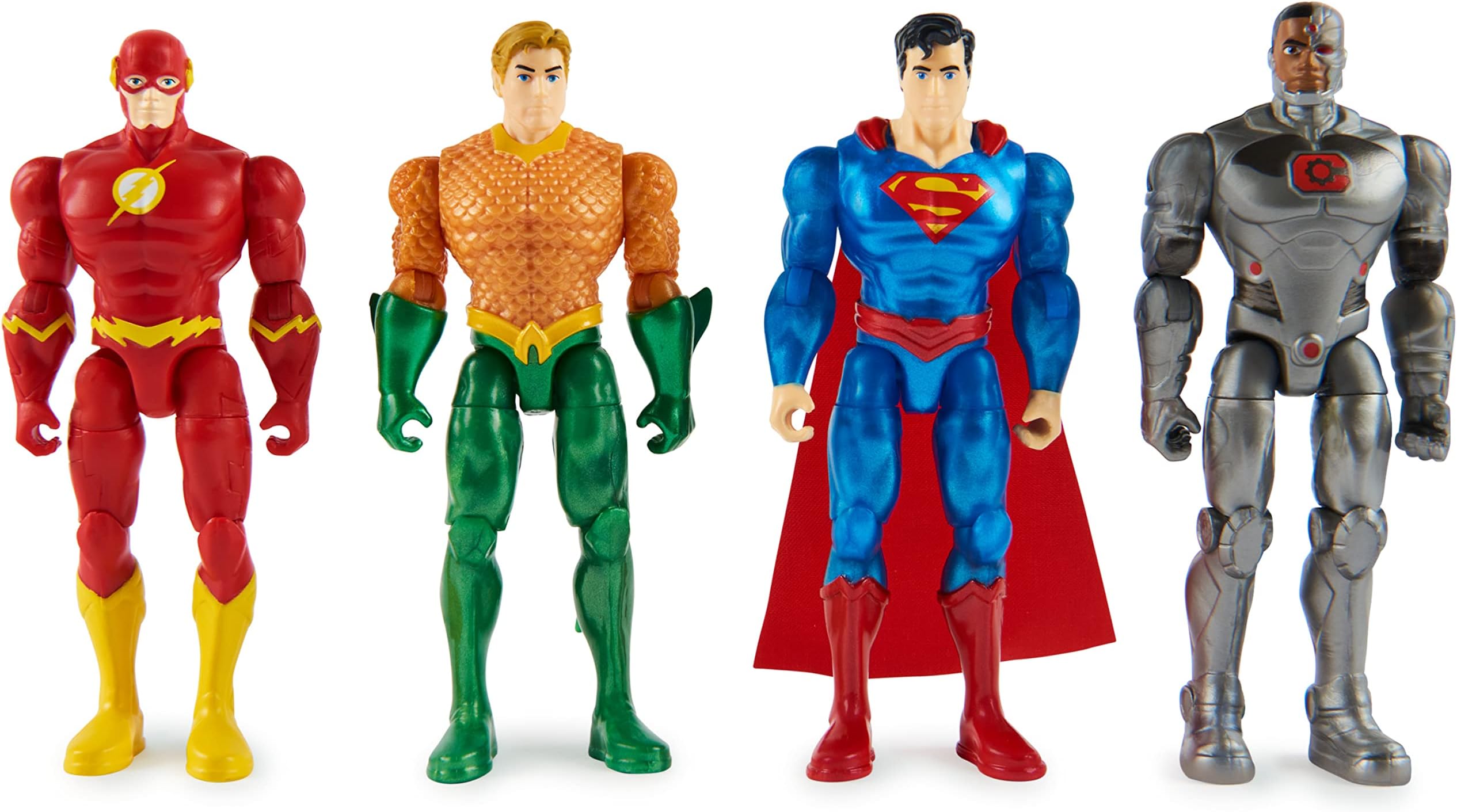 DC ComicsJustice League 4-Pack, 4-inch Action Figures | The Flash, Superman, Aquaman, Cyborg | Collectible Kids Toys for Boys and Girls Ages 3 and Up