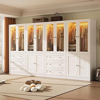 75" Tall Armoire Wardrobe Closet with Drawers and LED Lights, Clothing Storage Cabinet with Glass Doors & Hanging Rods, 12 Doors Wooden Armoire Storage Cabinet for Bedroom(White)
