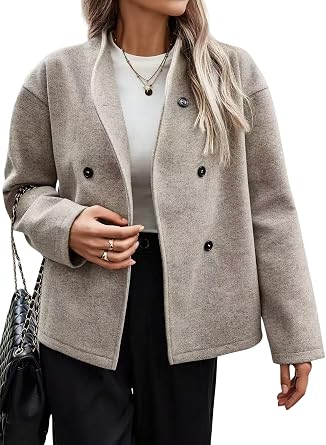 chouyatou Womens Winter Loose Fit Cropped Wool Coat Button Down Dressy Short Blazer Jacket Trench Coat