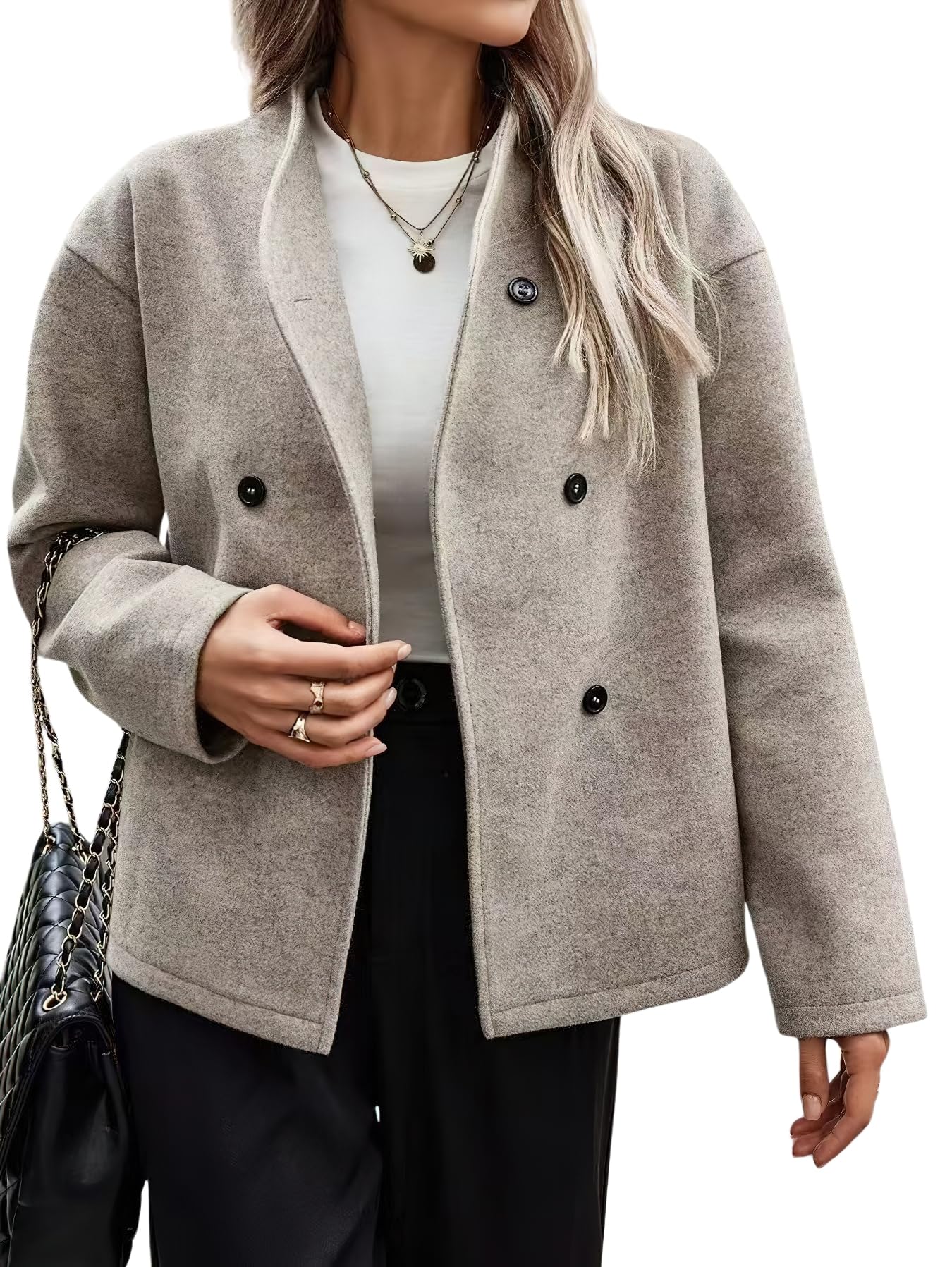 chouyatou Womens Winter Loose Fit Cropped Wool Coat Button Down Dressy Short Blazer Jacket Trench Coat