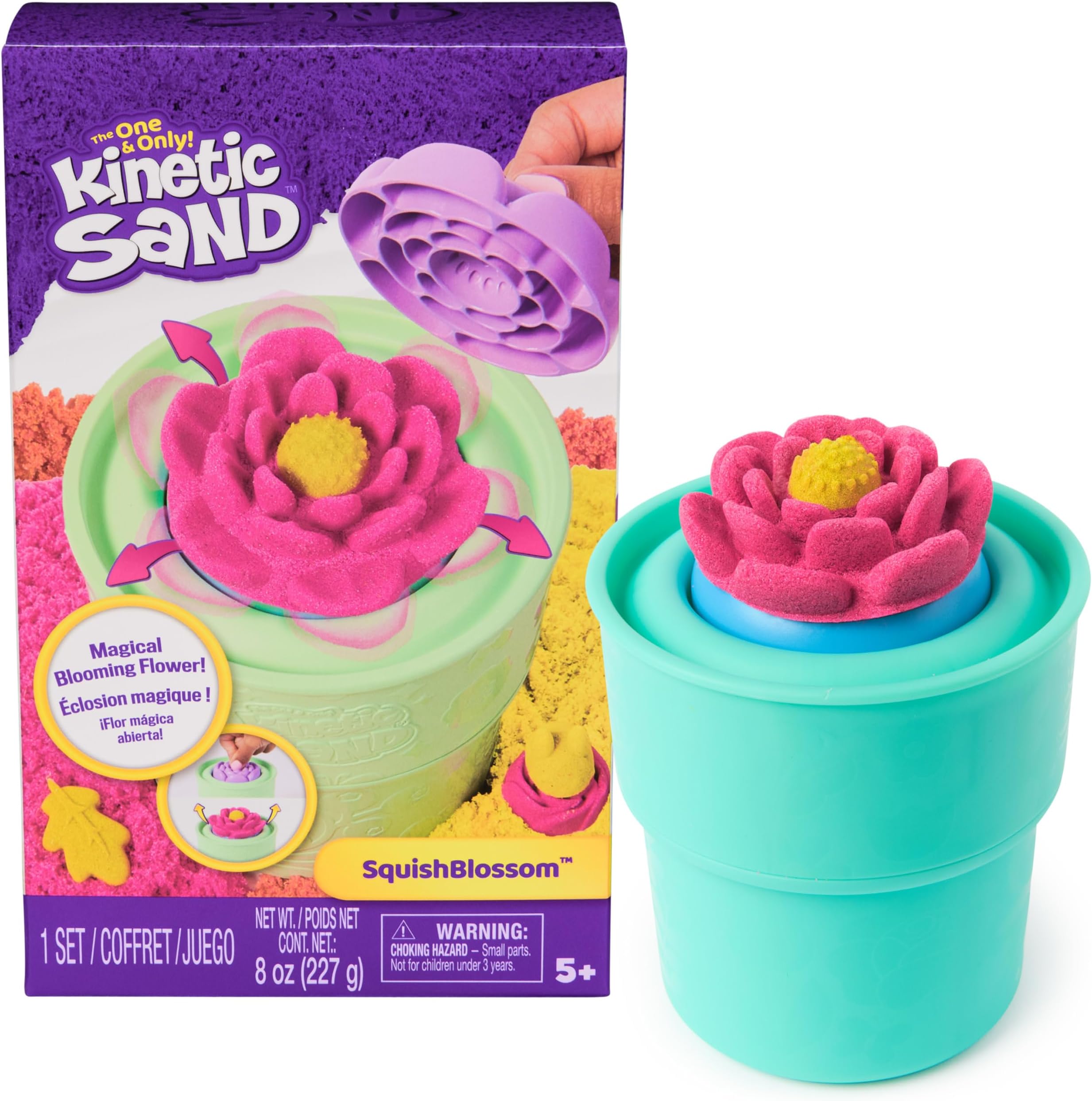 Kinetic Sand, SquishBlossom Blooming Flower with 227g Neon Yellow and Pink Play Sand, Pot and Moulds, Gifts for Mum and Kids, Arts and Crafts Sensory Toys