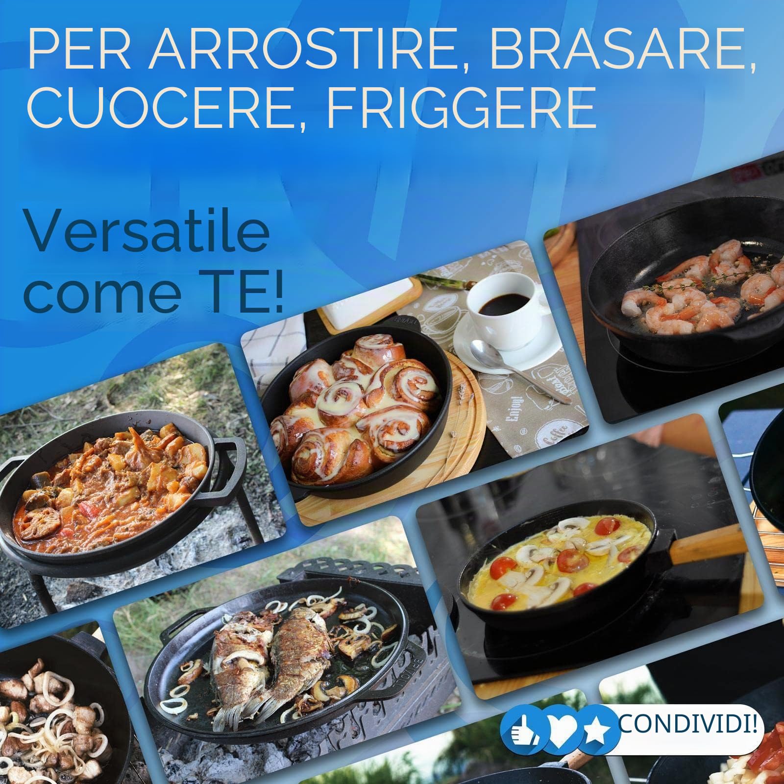4BIG.fun Ø30cm Padella in ghisa - con due manici - pentola - servire - friggere per barbecue - gas - tutte le fonti di calore compresa l'induzione - utensile da cucina sicuro per interni ed esterni