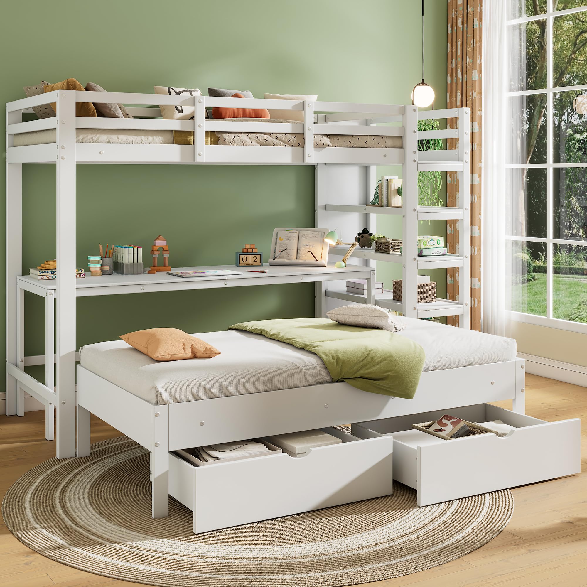 Kayan Kinder-Etagenbett, Doppelbett, multifunktionales Kinderbett, mit Leiter, mit Tisch, mit Aufbewahrungsschubladen unter dem Bett, mit Aufbewahrungsregal, ohne Matratze, Massivholz, weiß, 90 * 200