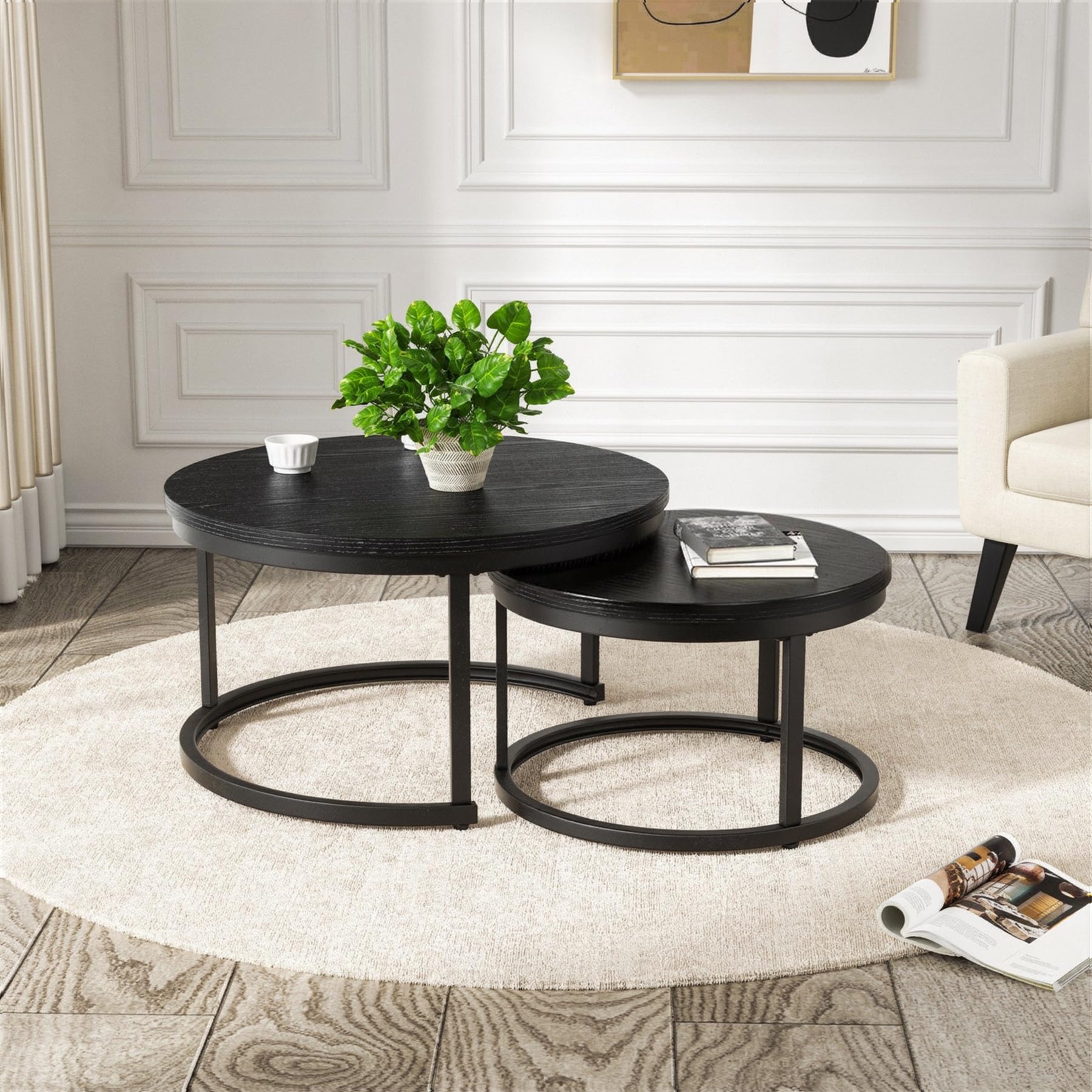 Hawthyhome Coffee Tables, Round Nesting Tables Tet of 2, Modern Side Tables with Metal Frame, Industrial Stacking End Tables for Living Room Bedroom Office, 60 * 60 * 45cm, Black — image 1