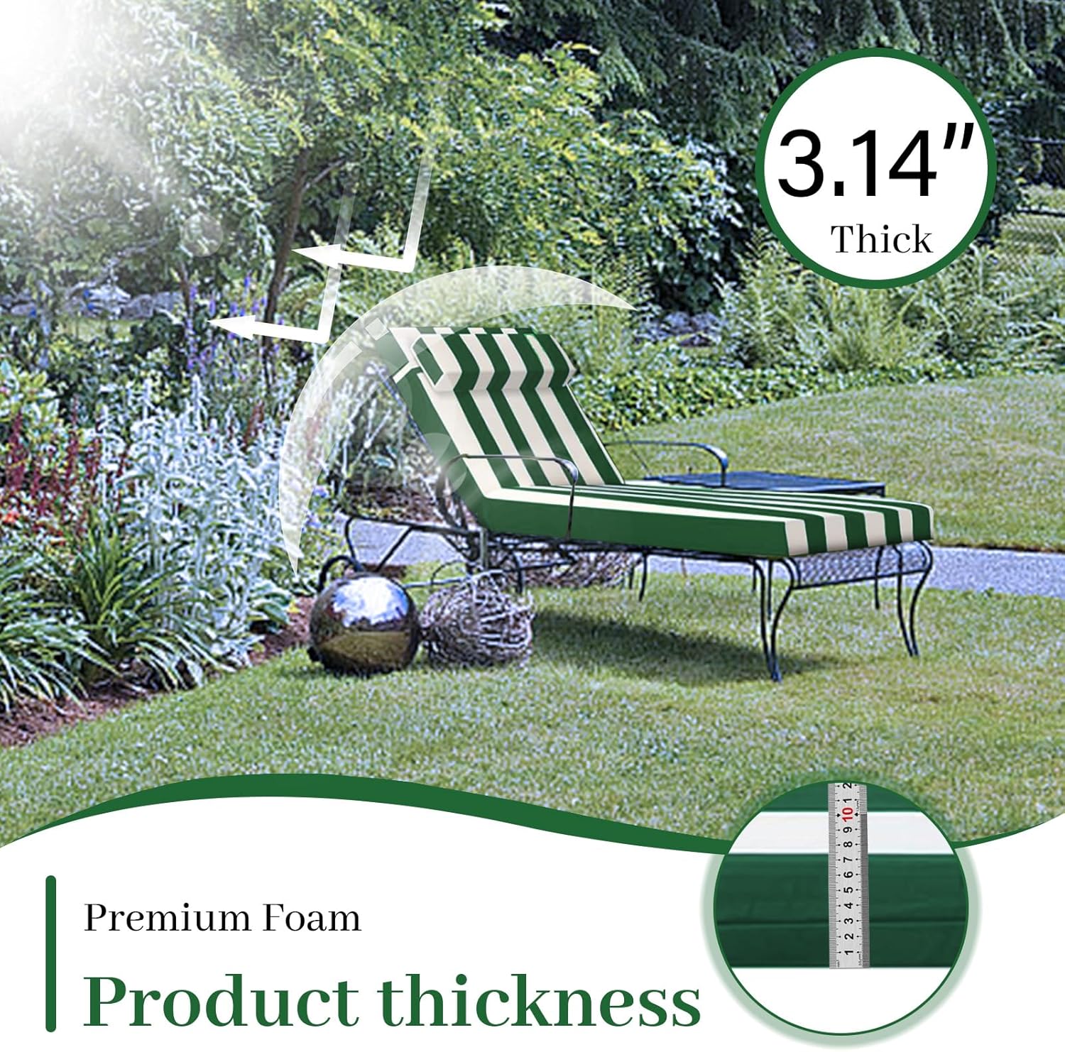 Outdoor Chaise Lounge Cushion, High-Density Foam Fill Patio Furniture Bench Cushions, Thicken Waterproof Replacement Back Chaise Cushions for Pool, Beach (Green White Stripes 1pc, 72x21x3 in)