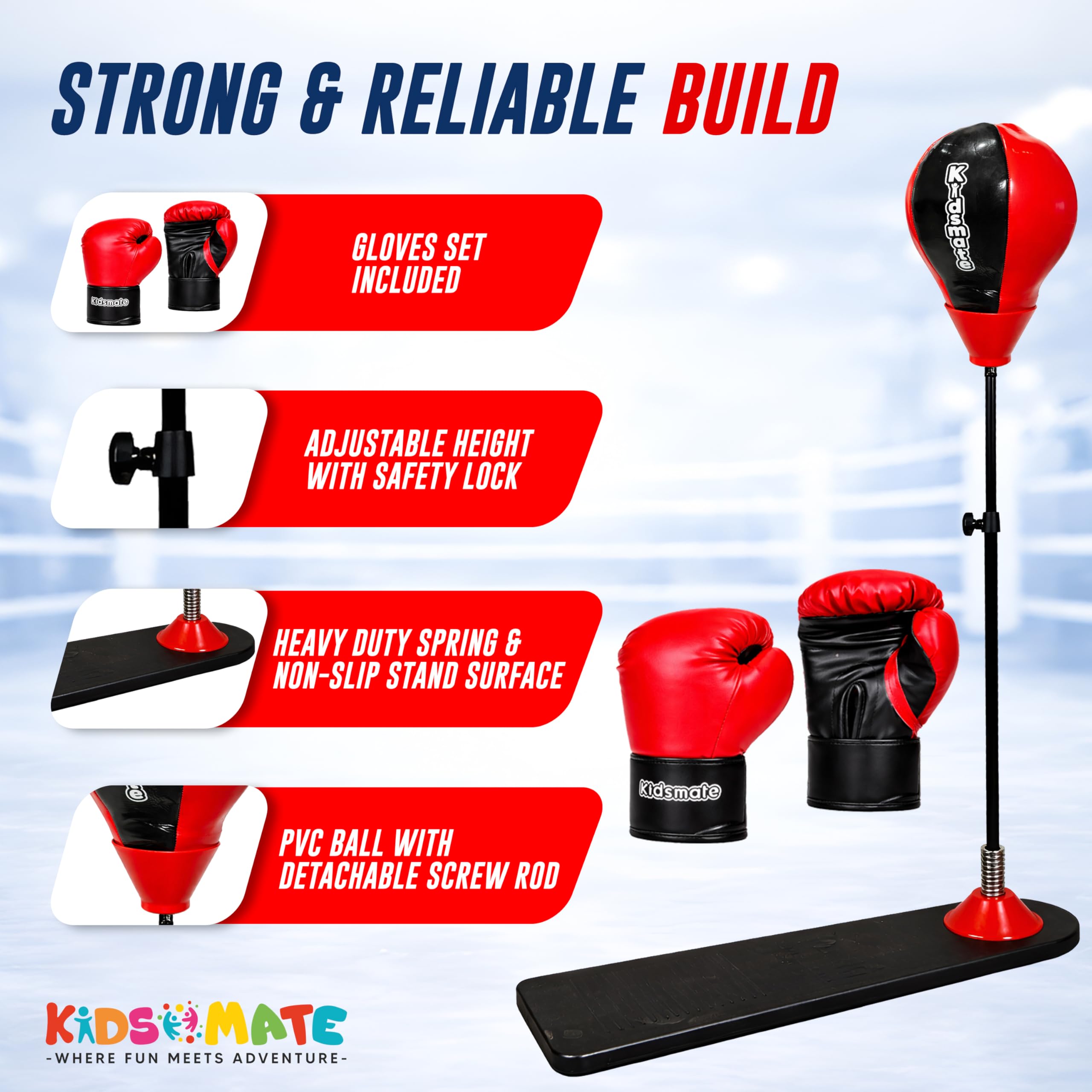 Kidsmate Power Punch Boxing Punching Stand for Kids with Gloves & Pump | Adjustable Height Freestanding Punch Ball, Fitness Training Indoor Exercise Toy for Boys & Girls of Ages 3-15 yrs - Red/Black 3