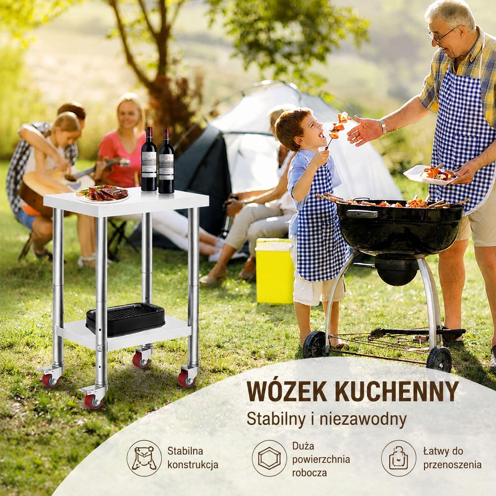 Stół roboczy ze stali nierdzewnej z dwiema półkami, regulowaną dolną półką i 4 kółkami do kuchni, baru i restauracji